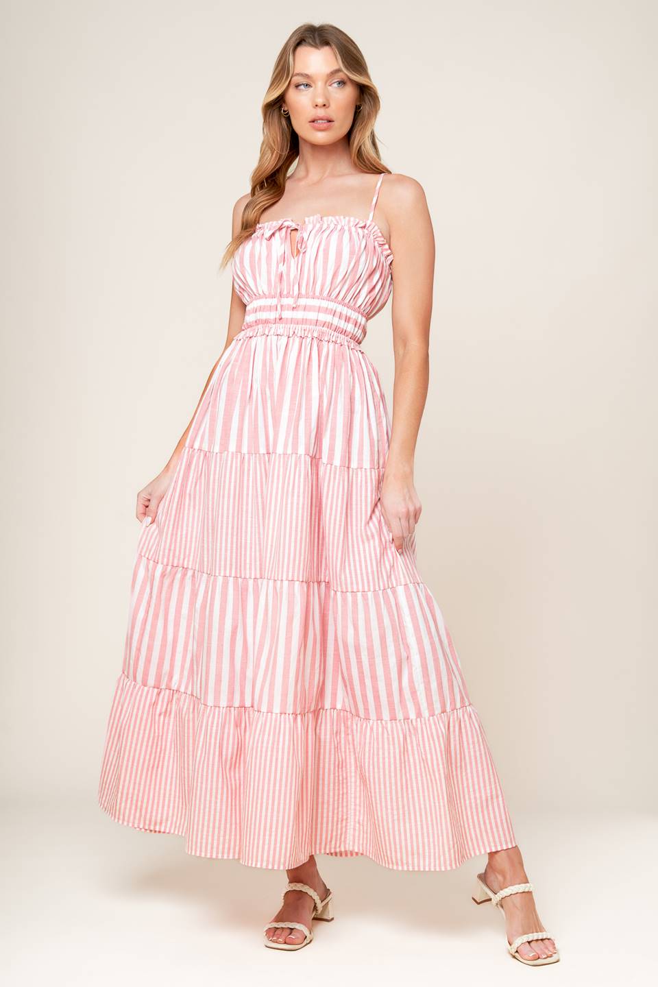 Elegant Peony Pink Striped Maxi Dress for Women - Flowy Summer Beach Dress for Vacations, Parties & Casual Outings