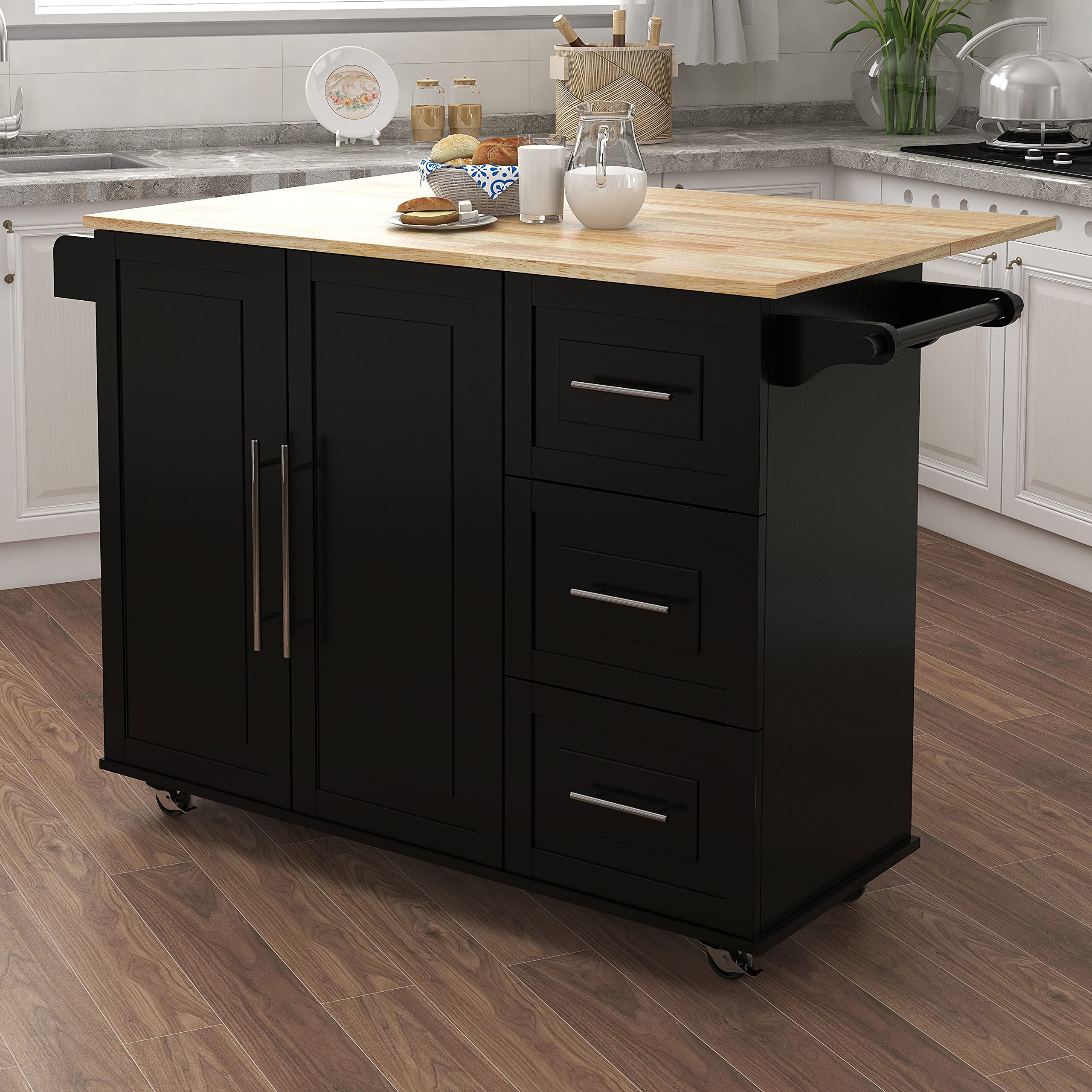 LERFAN Rolling Kitchen Island Cart with Extendable Wood Tabletop, 3 Drawers, Double Doors Cabinet & Towel Rack - Mobile Storage Solution for Small Spaces, Perfect for Kitchen, Dining Room or Bathroom Organization
