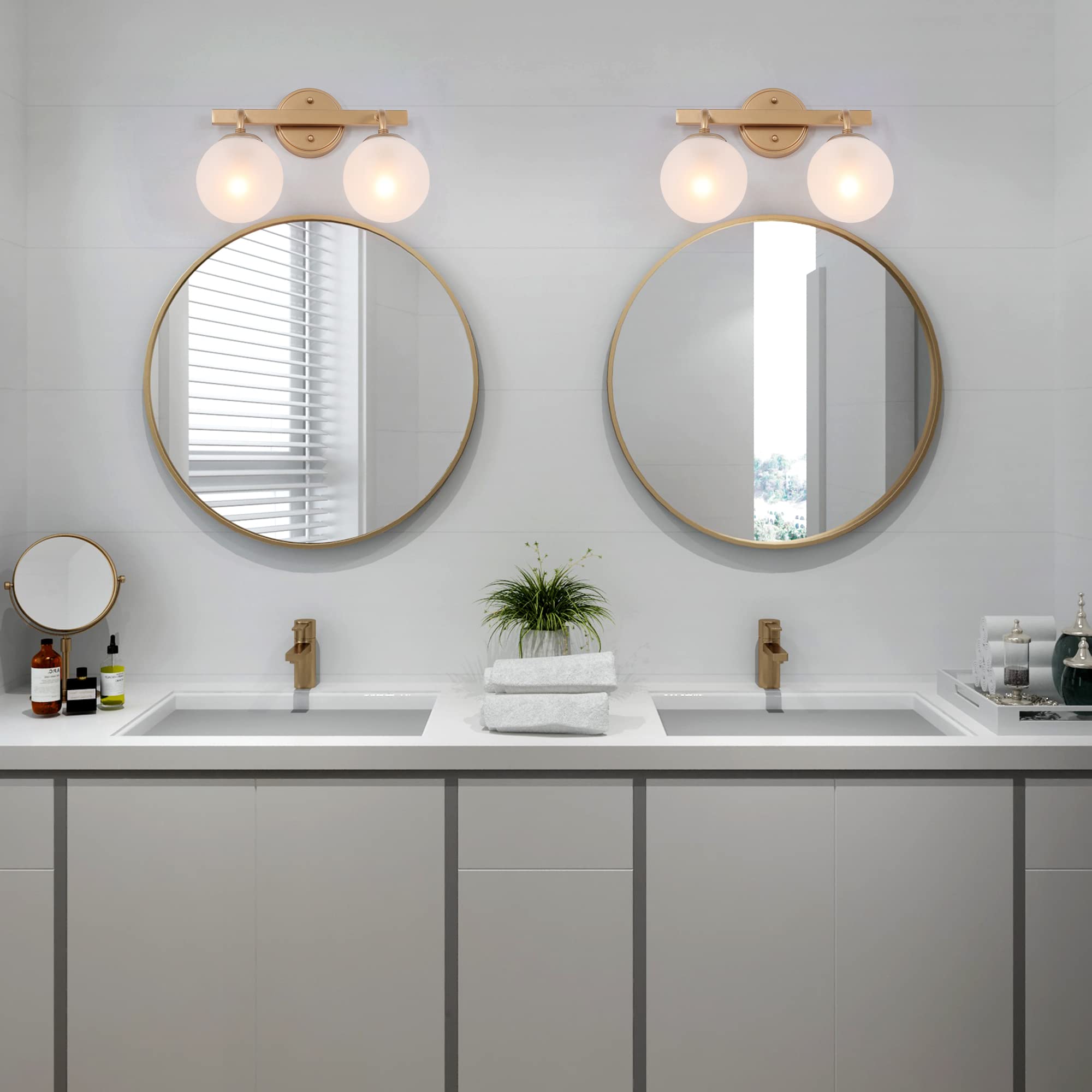 Durent Gold Modern Bathroom Vanity Light Fixture - 2 Light Over Mirror with Frosted Glass Shades for Bathroom, Powder Room & Dressing Area Lighting