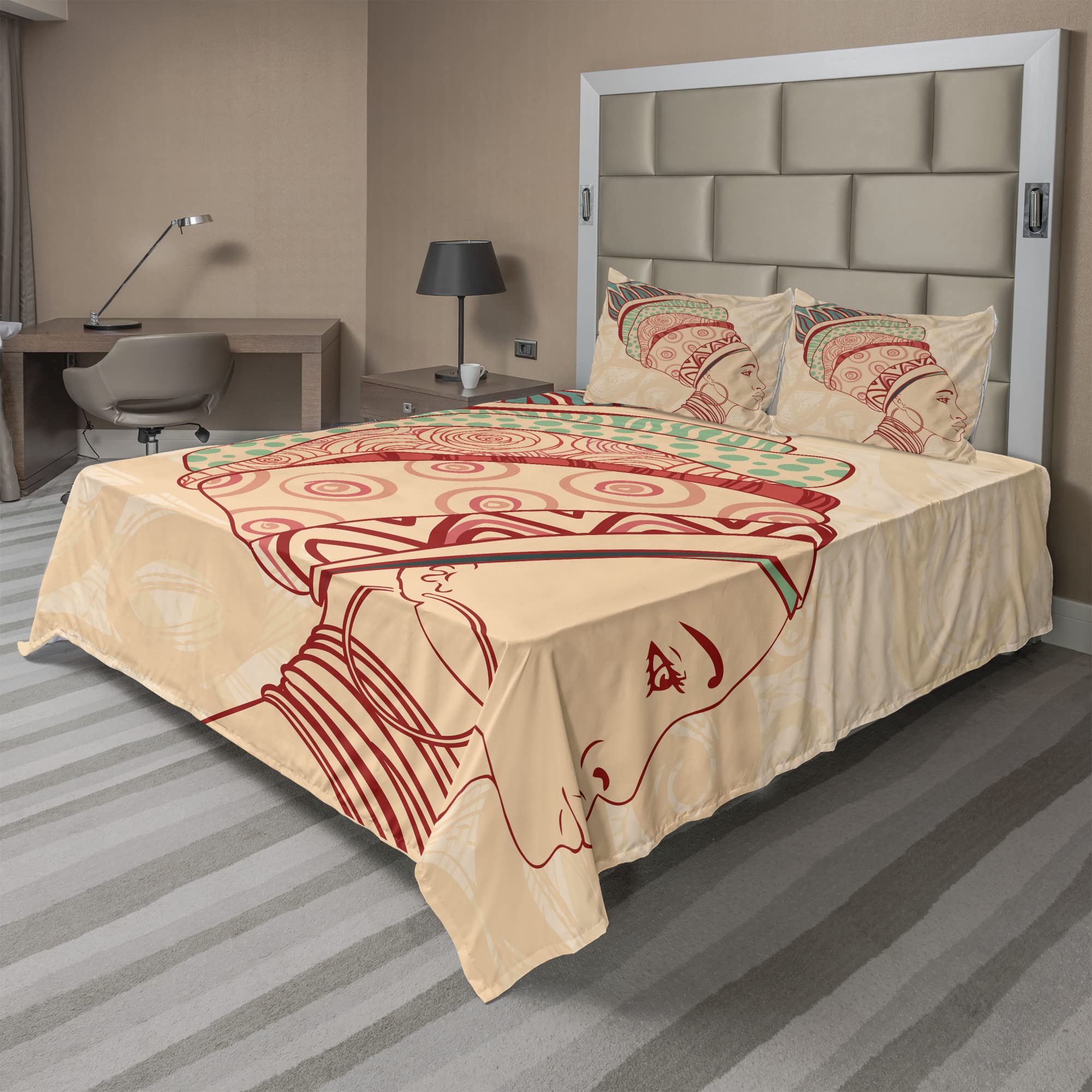Ambesonne African Queen Bedding Set - 4 Piece King Size Sheet Set with Fitted Sheet, Flat Sheet & Pillowcases - Vibrant Peach Red Teal Tribal Portrait Design - Perfect for Master Bedroom, Guest Room & Boho Home Decor