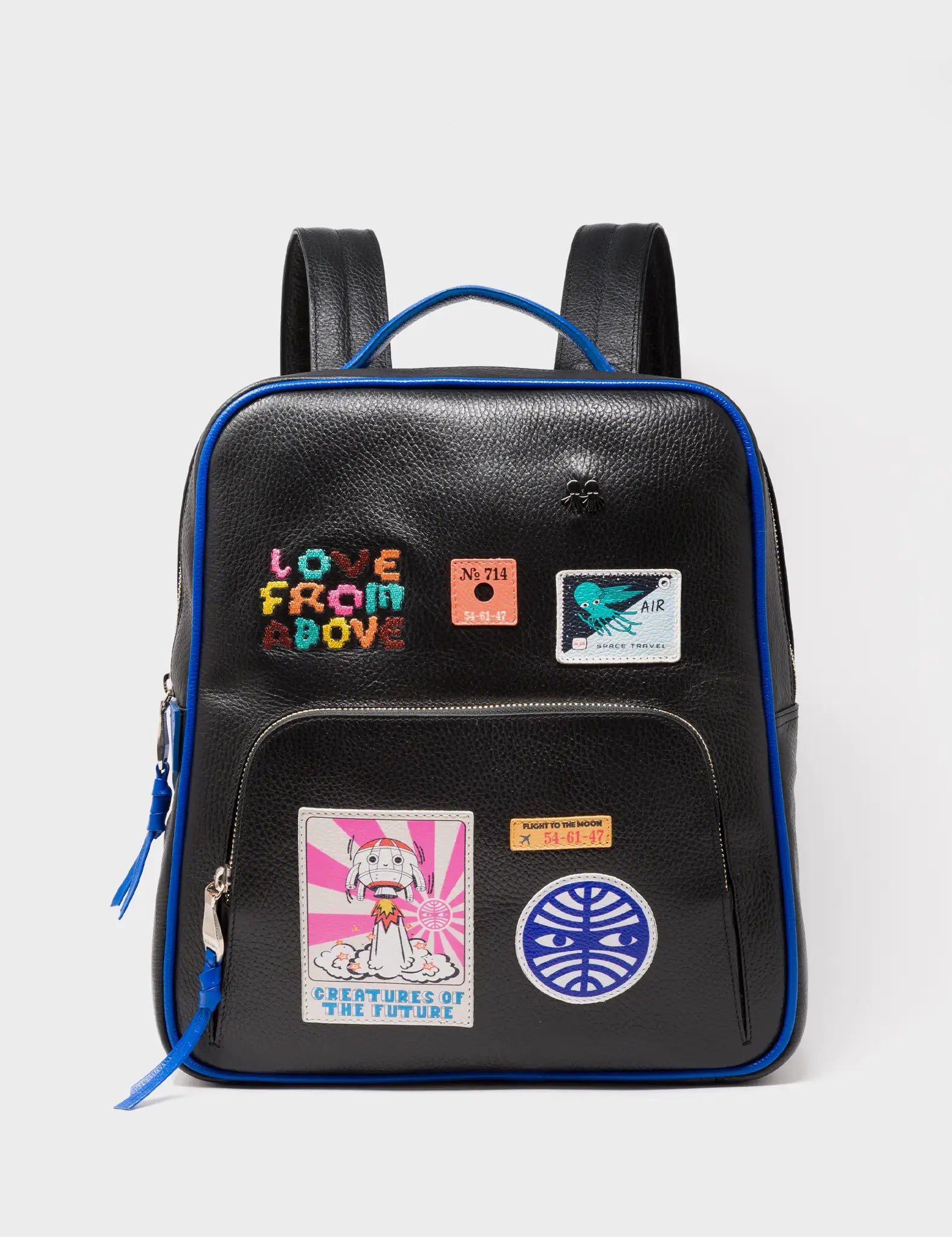 Marino Black & Blue Leather Backpack Medium Size - Stylish Groovin' Galaxies Applique Design for Work, School & Travel