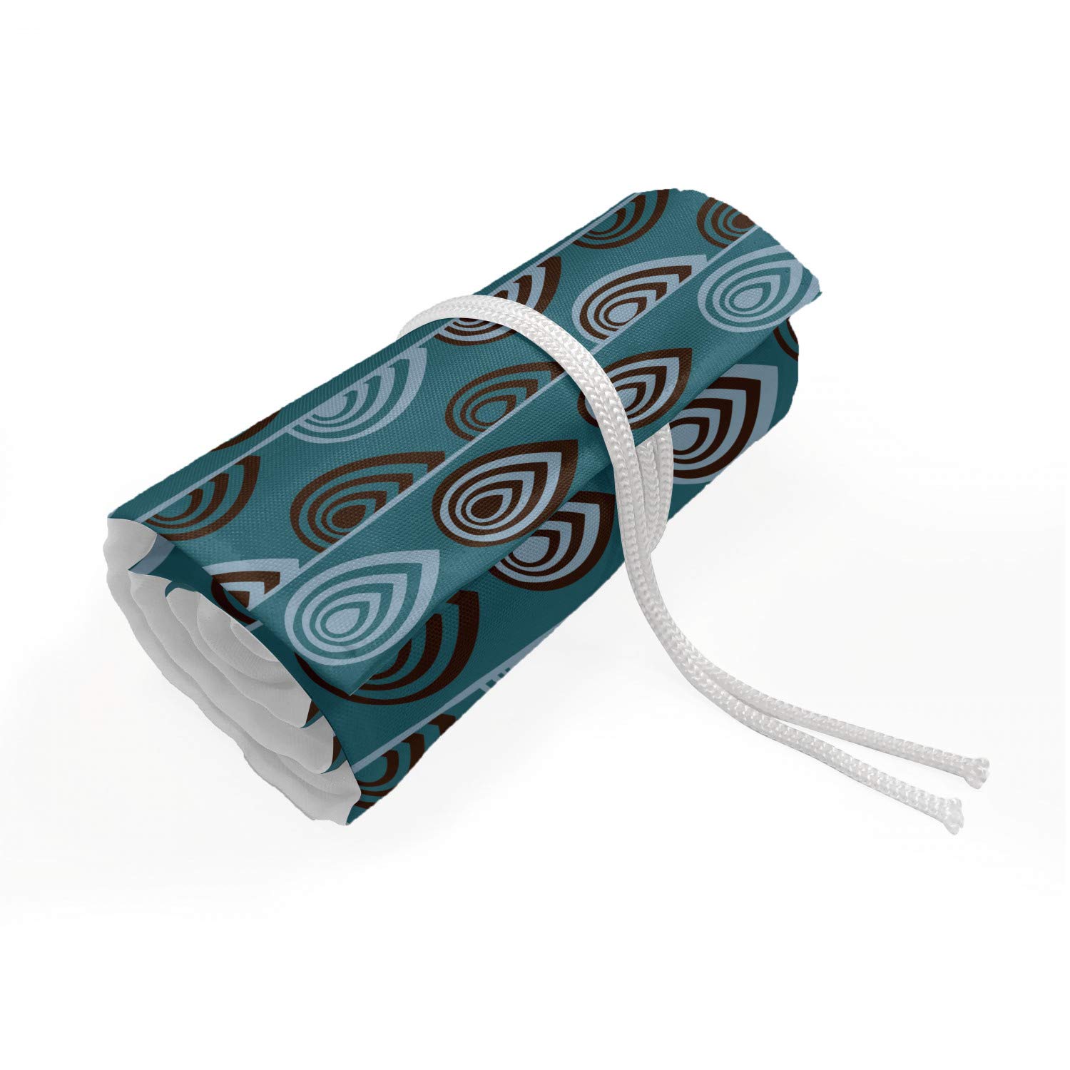 Ambesonne Ethnic Pencil Case Wrap Roll Holder - Striped Hand Drawn Traditional Ornament Design, Durable Canvas Pencil Organizer with 48 Loops, Teal Blue Grey Dark Brown - Perfect for Artists, Students & Office Supplies Storage