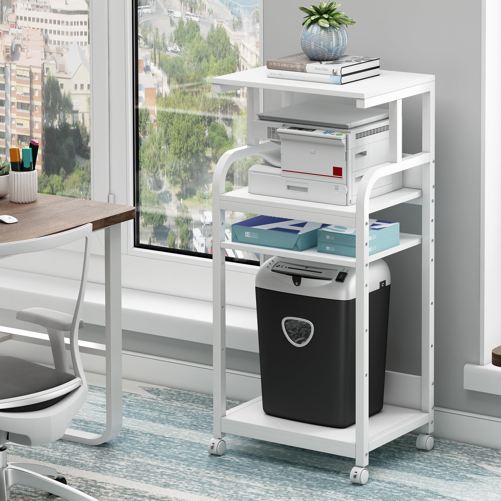4-Tier Adjustable White Printer Stand with Wheels - Mobile Storage Cart for Printer, Shredder & CPU Tower - Perfect for Home Office Organization & Workspace Efficiency