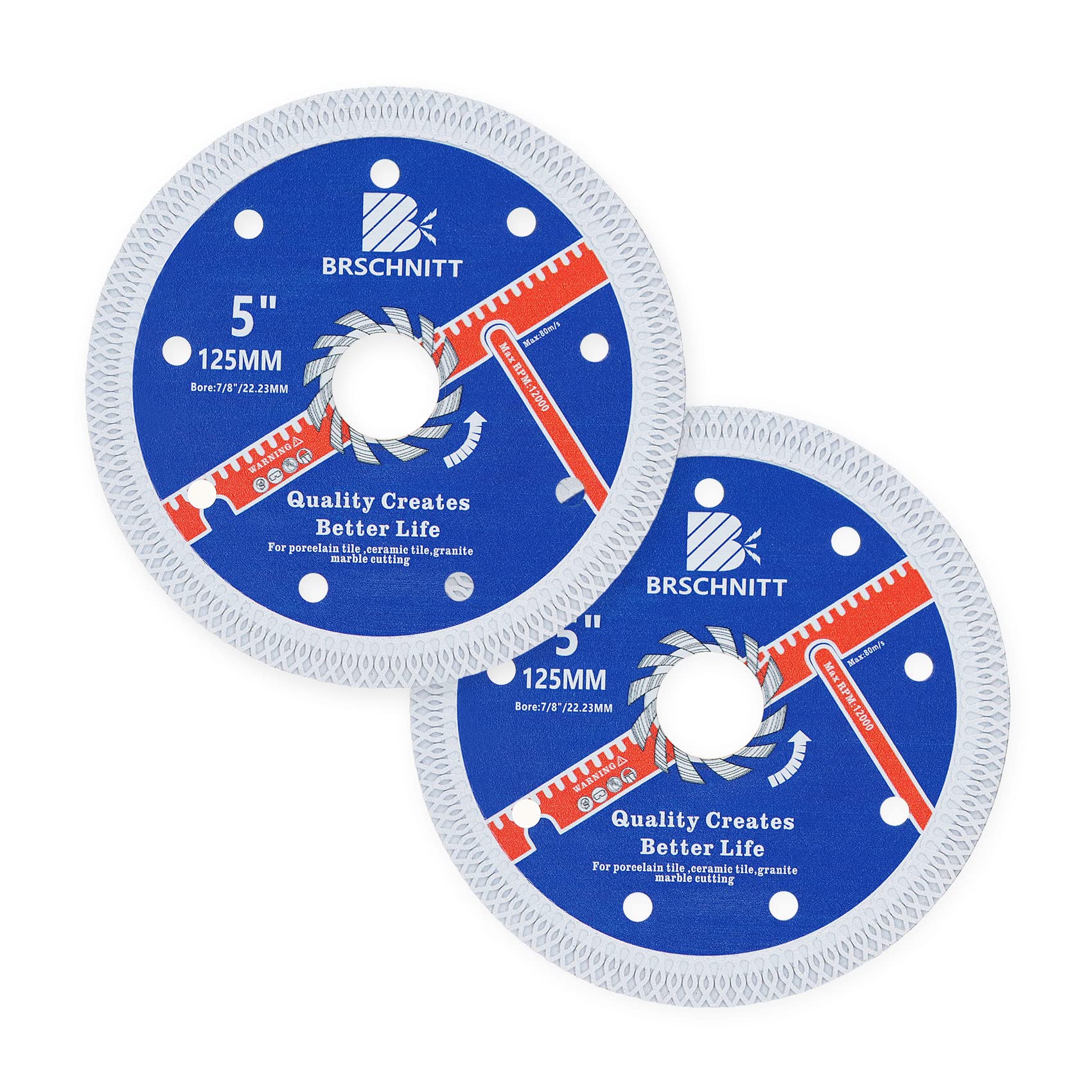 BRSCHNITT 5 Inch (125mm) Super Thin Diamond Porcelain Saw Blade - 2 Pack with 7/8