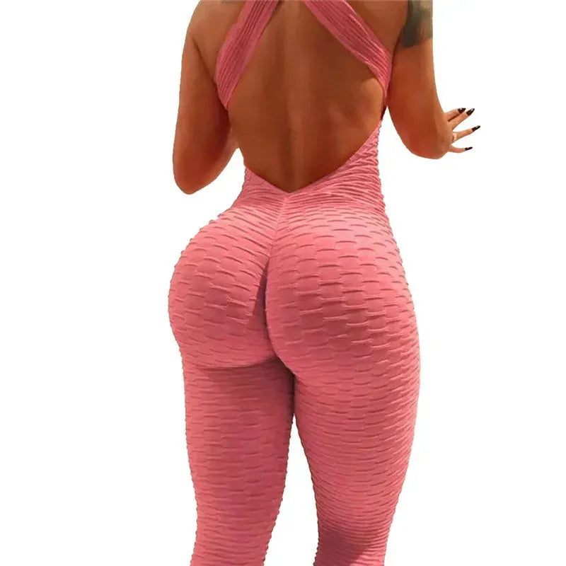 Sexy Backless Jumpsuits for Women - Solid Color Push Up Yoga Outfits, Elastic Seamless Jacquard Bubble Gym Wear | Perfect for Yoga, Workouts & Fitness Training
