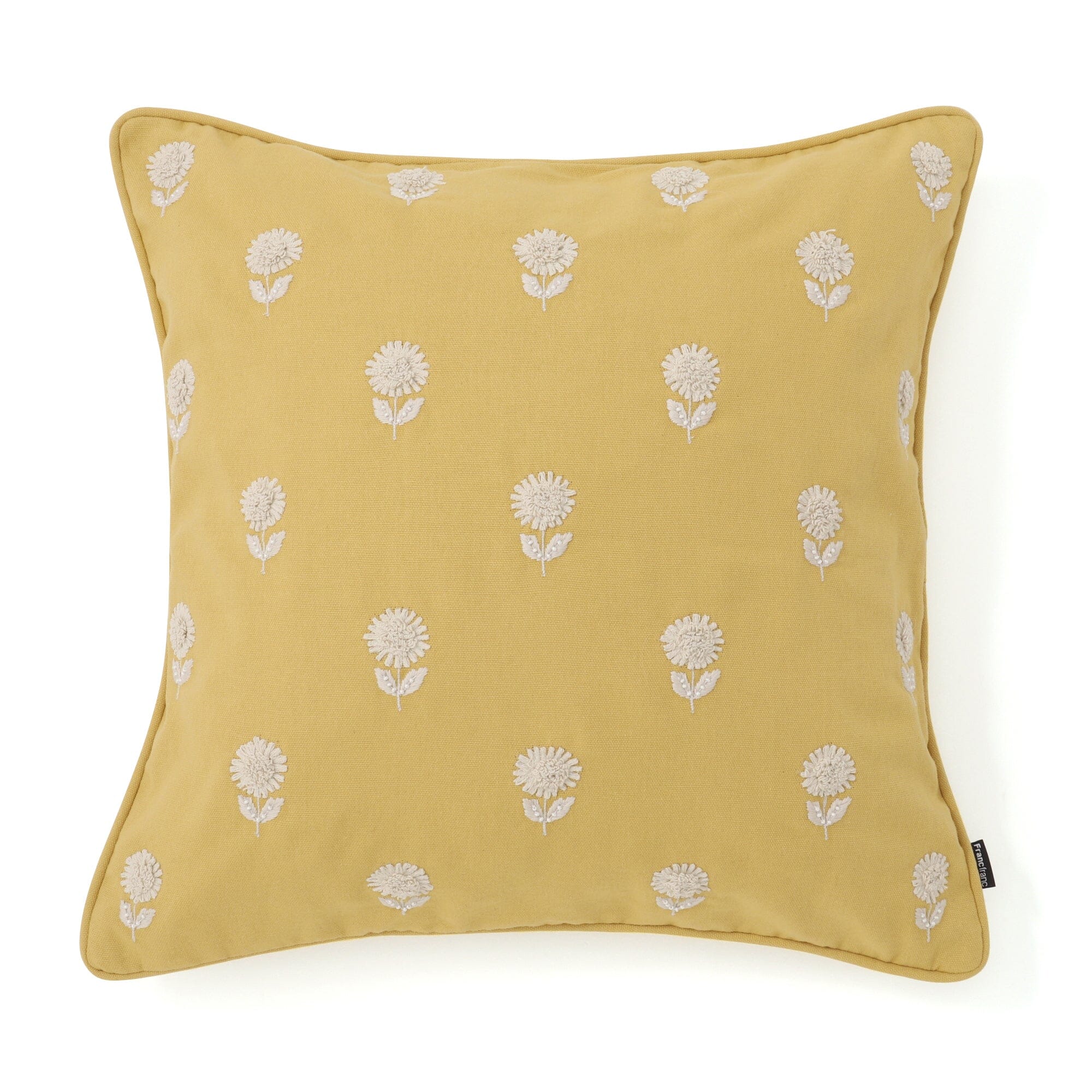 Embroidered Flower Cushion Cover 45x45cm Yellow - Decorative Throw Pillow Case for Sofa, Bed, Living Room & Home Decor
