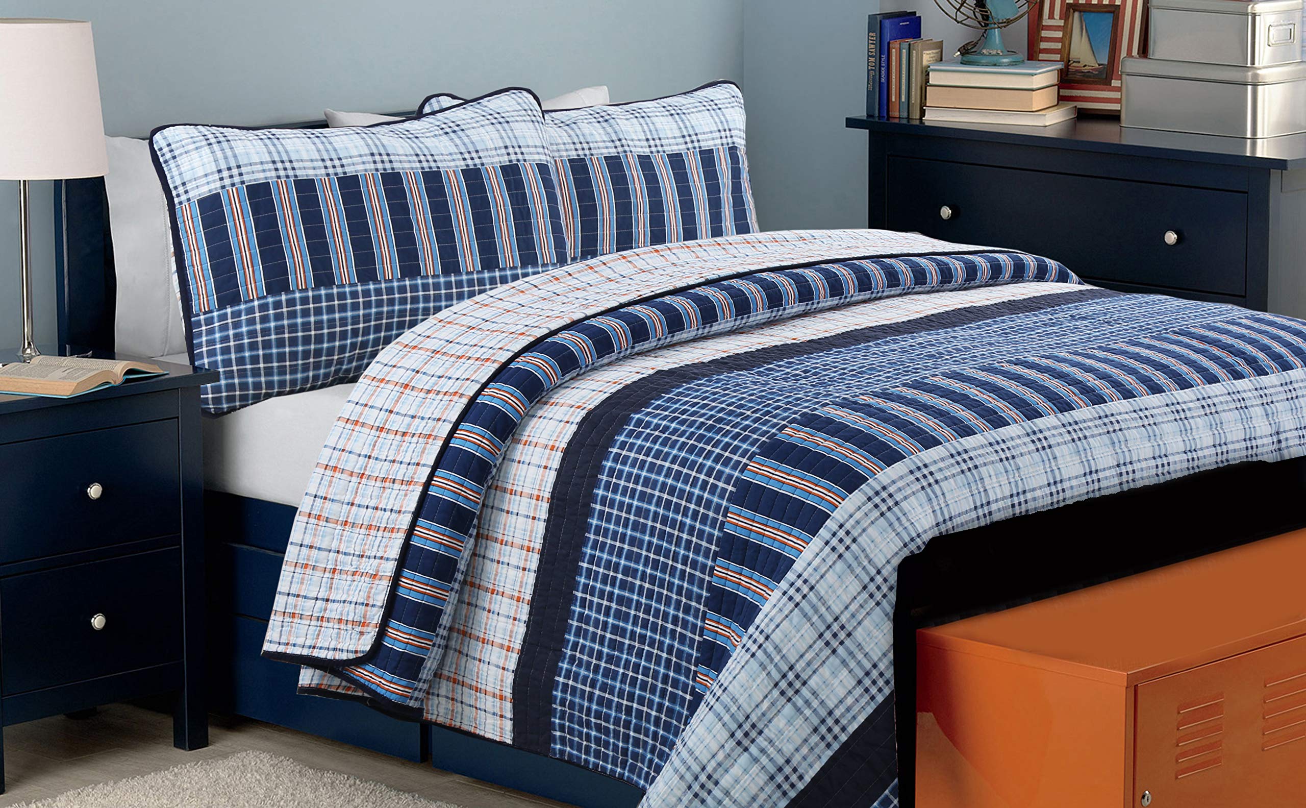Navy Plaid Reversible 2-Piece Quilt Set - 100% Cotton Twin Size Bedding for Cozy Bedroom Decor | Perfect for Guest Rooms, Dorms & Seasonal Updates