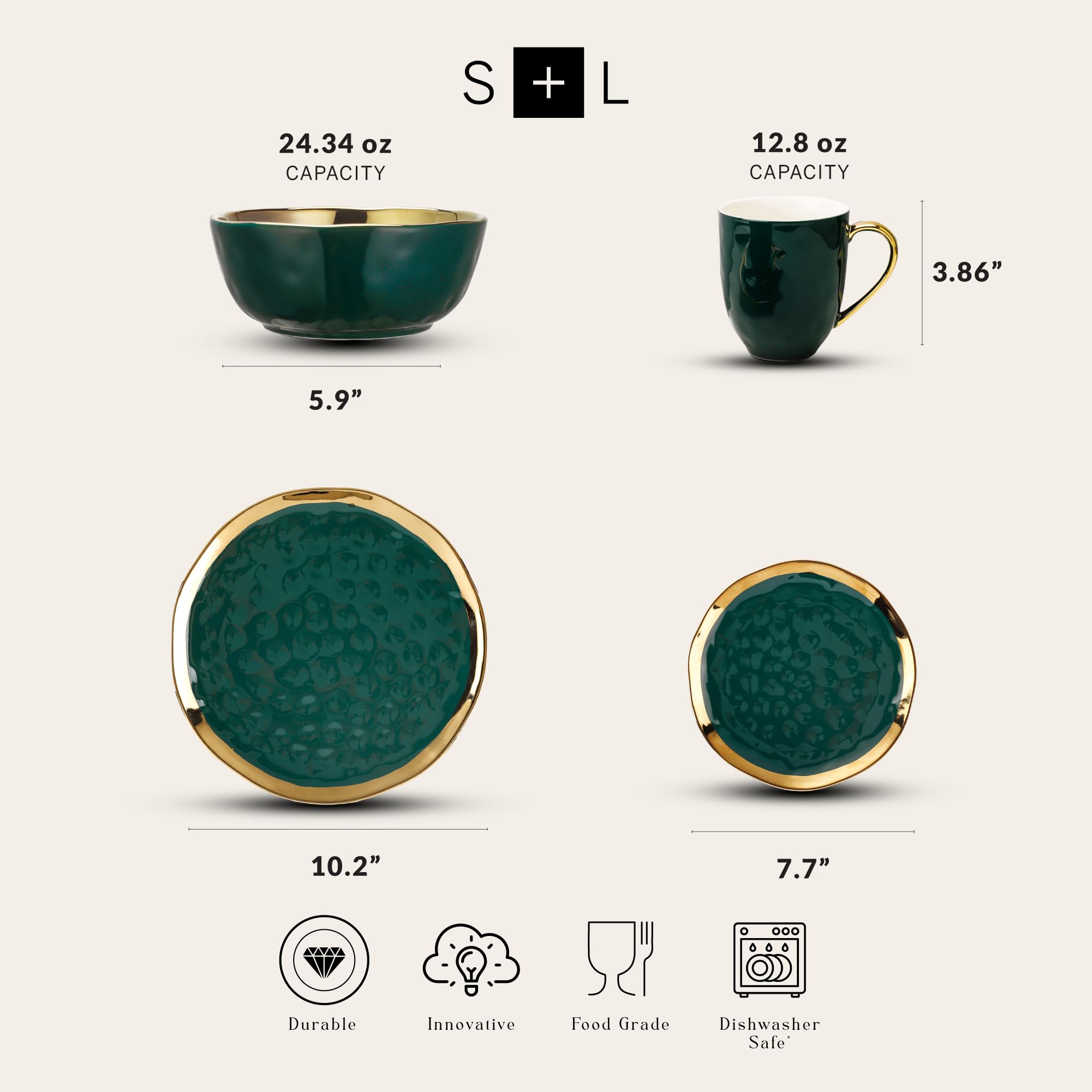 Florian Modern Porcelain 16-Piece Dinnerware Set - Green & Gold Rim Plates & Bowls for 4 - Elegant Stone Lain Dish Set for Dining, Entertaining & Everyday Use