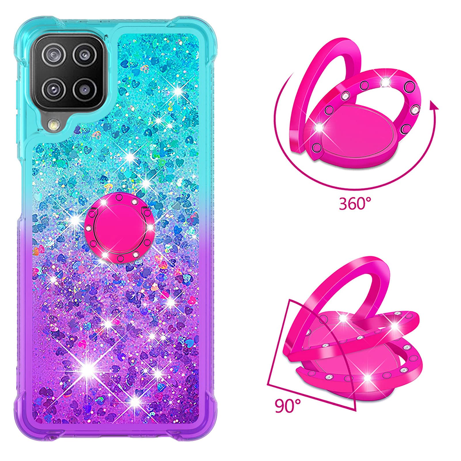 Samsung Galaxy A22 4G Case with Ring Holder - Clear Gradient Quicksand Glitter Floating Liquid TPU Phone Cover (Bluish Violet) | Shockproof Protective Case for Everyday Use, Work & Travel