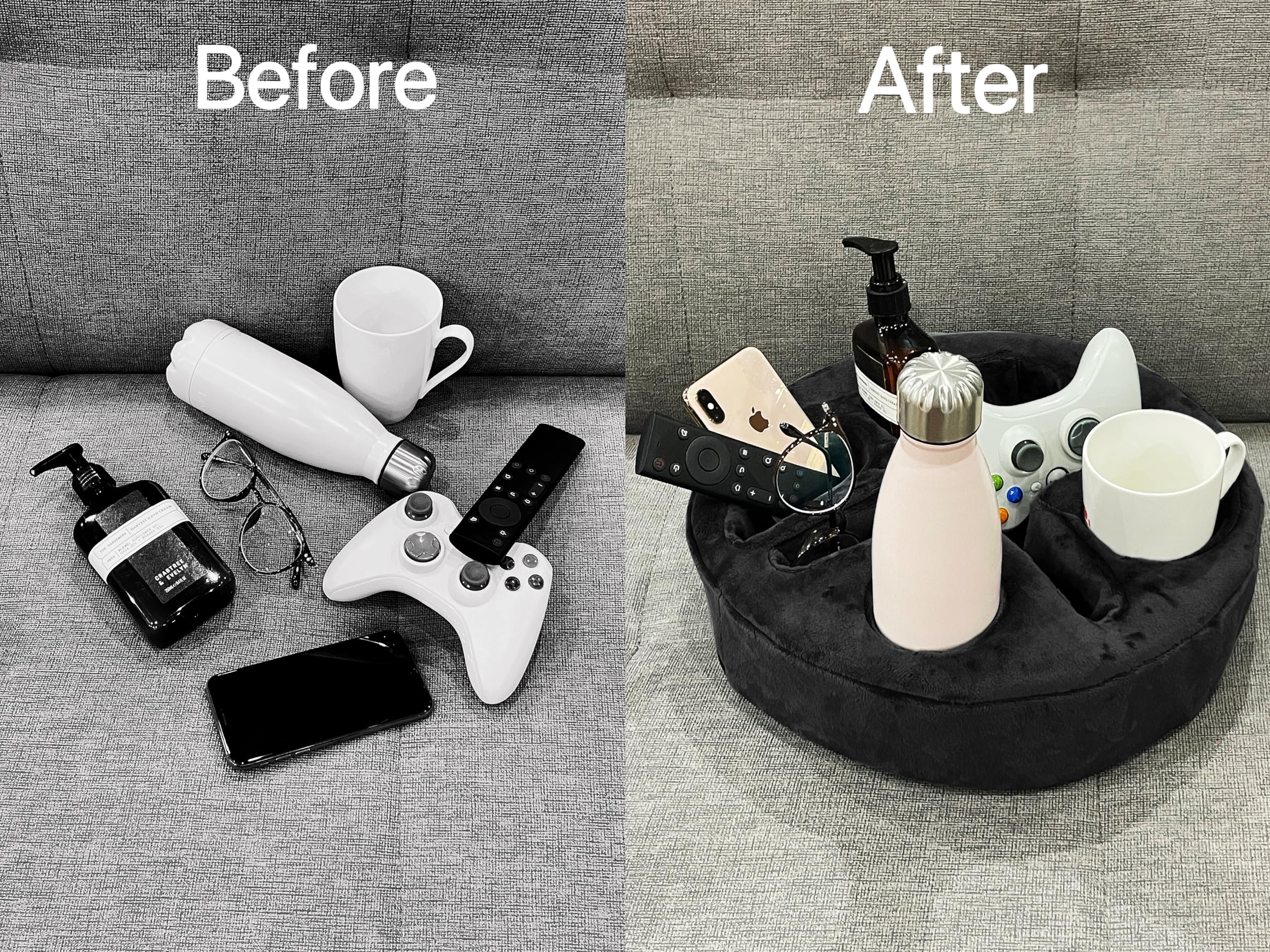 Universal Couch & Bed Cup Holder Pillow - Multi-Functional Sofa Organizer Caddy for Drinks, Remote Controls, Smartphones & Snacks (Black) - Perfect for Movie Nights, Gaming & Relaxing in Bed