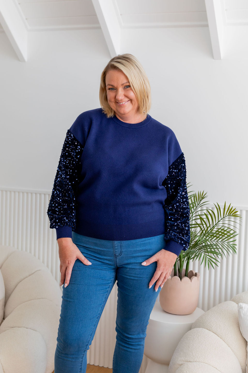 Stylish Navy Glam Knit Sweater for Women - Cozy & Fashionable Winter Pullover for Casual Outings & Office Wear