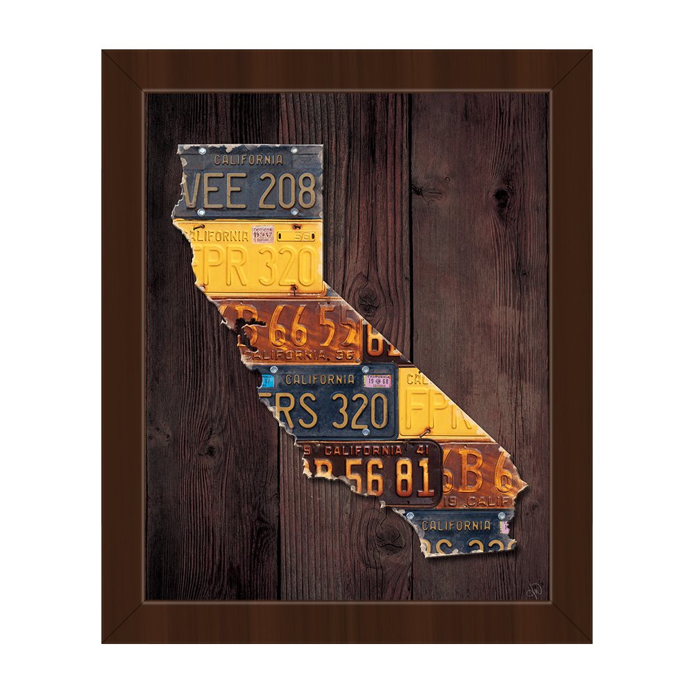 Vintage California License Plates - Antique Wood Plank Wall Art with Espresso Frame - Rustic Home Decor for Living Room, Office & Man Cave