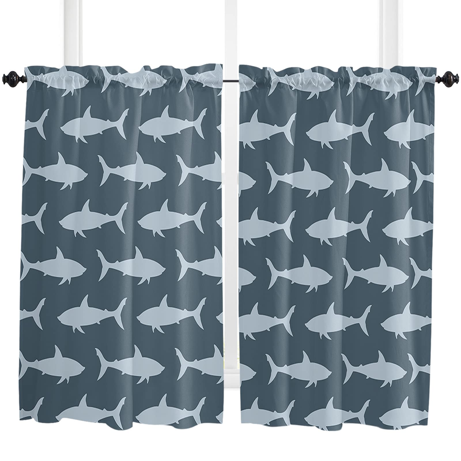 Shark Silhouette Curtain Panels - Blue Ocean Themed Window Drapes with Rod Pocket, Set of 2 (52x45 inches) - Perfect for Living Room, Bedroom & Coastal Decor