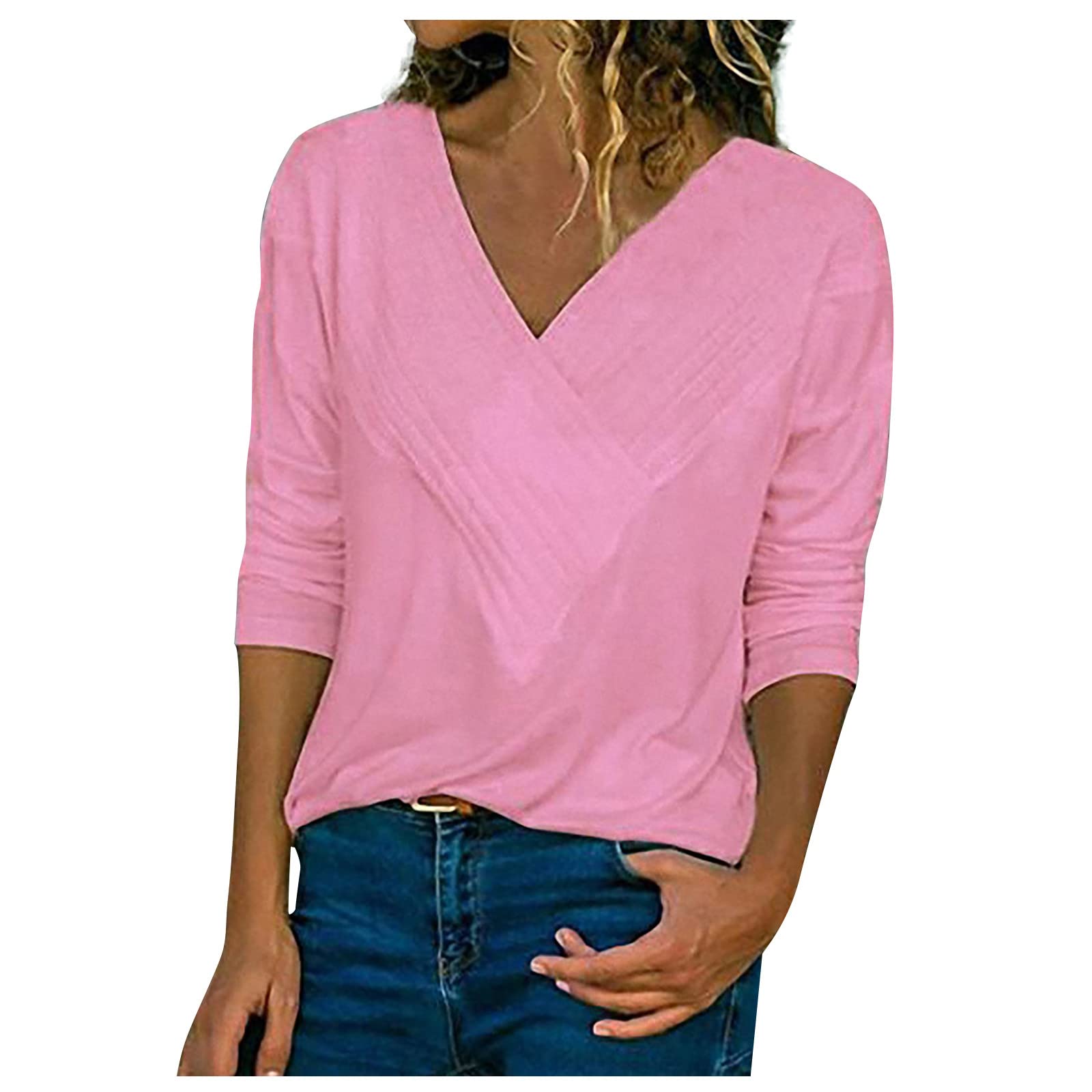 Women's Fashion Long Sleeve V-Neck T-Shirt - Soft Cotton Casual Tee for Everyday Wear, Work & Going Out - White Basic Top Sweatshirt for Layering or Styling