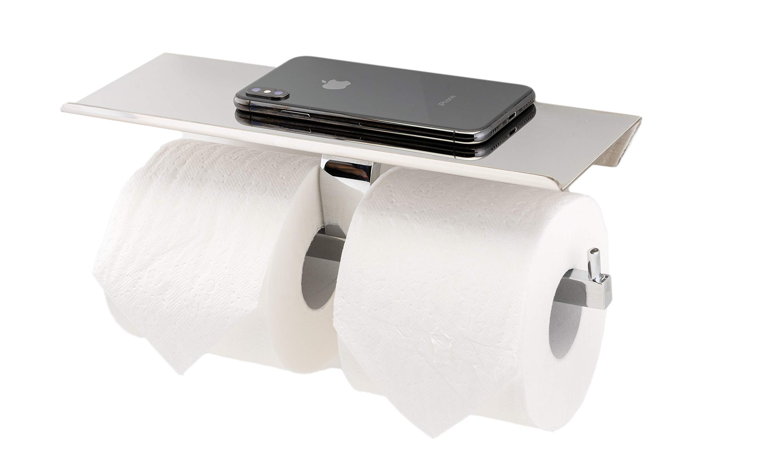 Polished Chrome Toilet Paper Holder with Shelf - Dual Roller Bathroom Organizer, Wall Mounted Phone Holder & Tissue Storage - SUS304 Stainless Steel - Perfect for Small Bathrooms & Powder Rooms