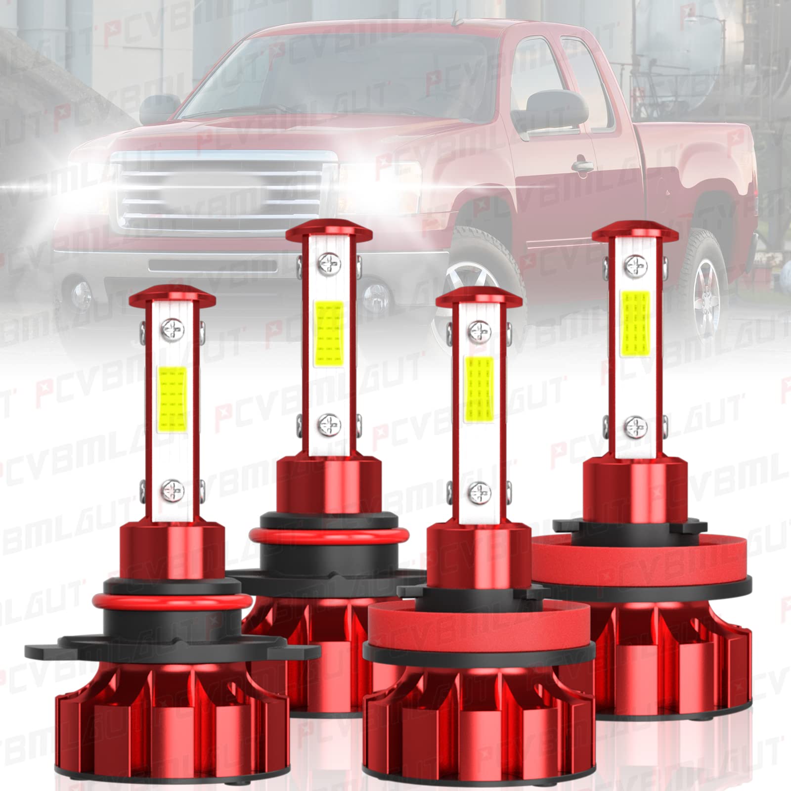 GMC Sierra 1500 2500 LED Headlight Bulbs (2007-2013) - 9005 High Beam & H11 Low Beam Replacement Kit - 4-Side COB Chips, 6000K Xenon White, Fanless Design, Plug and Play - Pack of 4 - Perfect for Night Driving & Off-Road Adventures