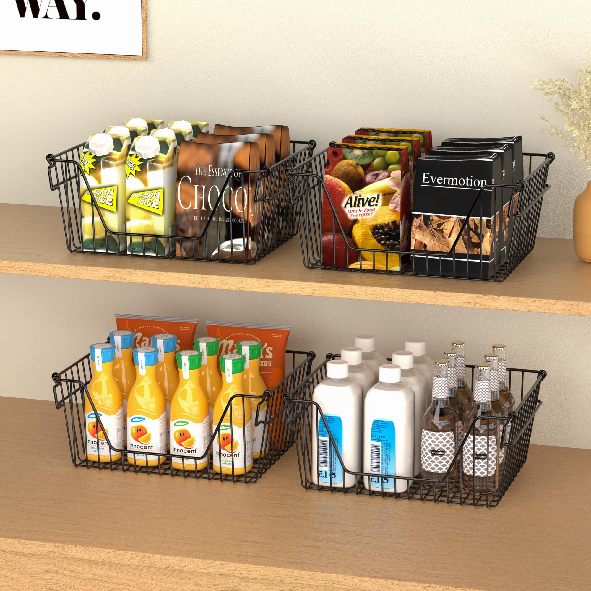 SANNO 6-Pack Stackable Wire Baskets - Black Organizing Bins for Vegetables, Pantry, Fridge & Bathroom Storage - Space-Saving Home & Kitchen Organization Solution