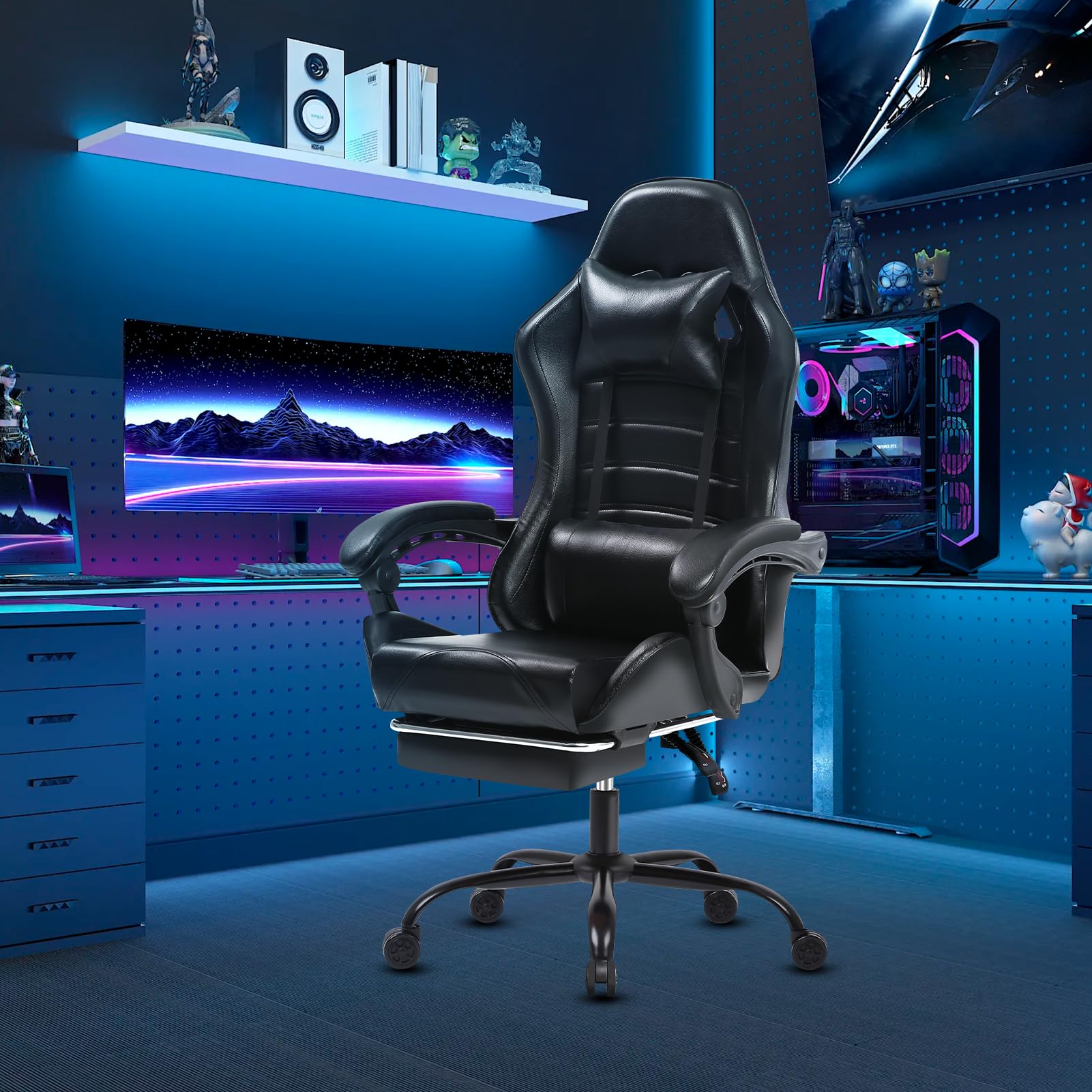 Ergonomic Gaming Chair for Adults - Adjustable Height, Lumbar Support & Footrest - 360° Swivel X-Large Black Computer Chair for Video Gamers - Perfect for Esports, Streaming & Home Office Setup