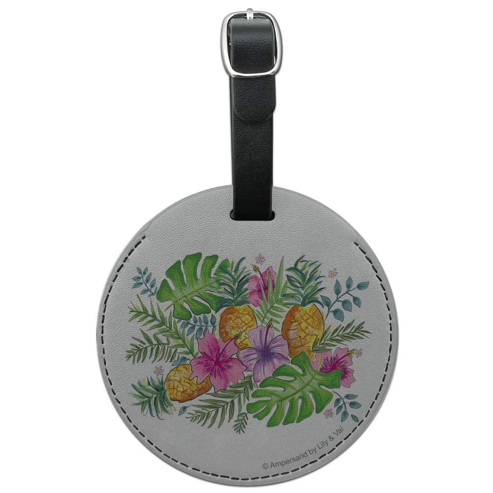 Premium Round Leather Luggage Tag with Tropical Hibiscus & Pineapple Design - Durable ID Card Holder for Travel Bags, Suitcases & Backpacks | Perfect for Vacation, Business Trips & Cruise Travel Accessories