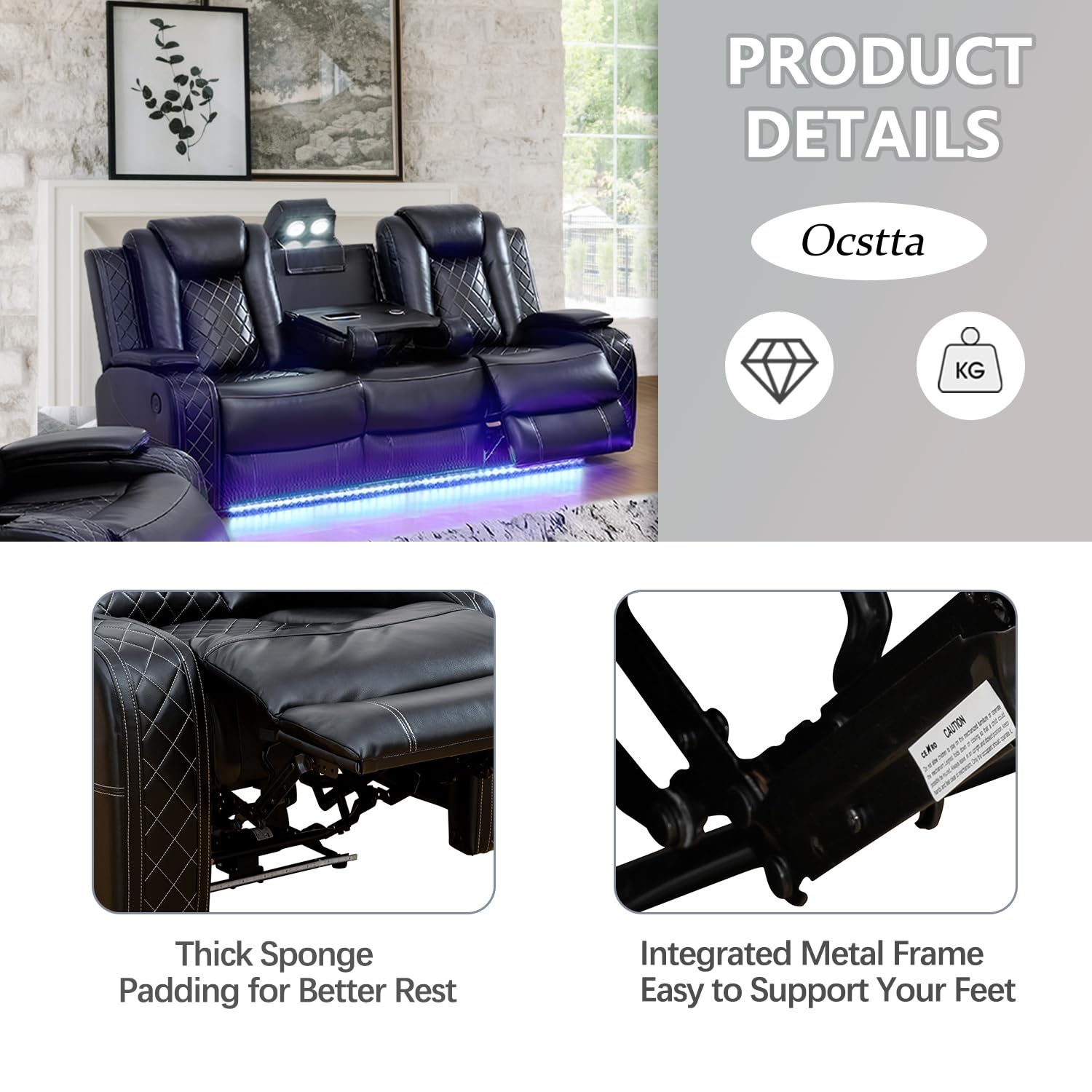 Premium Power Reclining Leather Sofa Set with LED Lights, USB Ports & Cup Holders - 3-Piece Living Room Furniture Set in Black - Perfect for Home Theater, Gaming & Family Relaxation