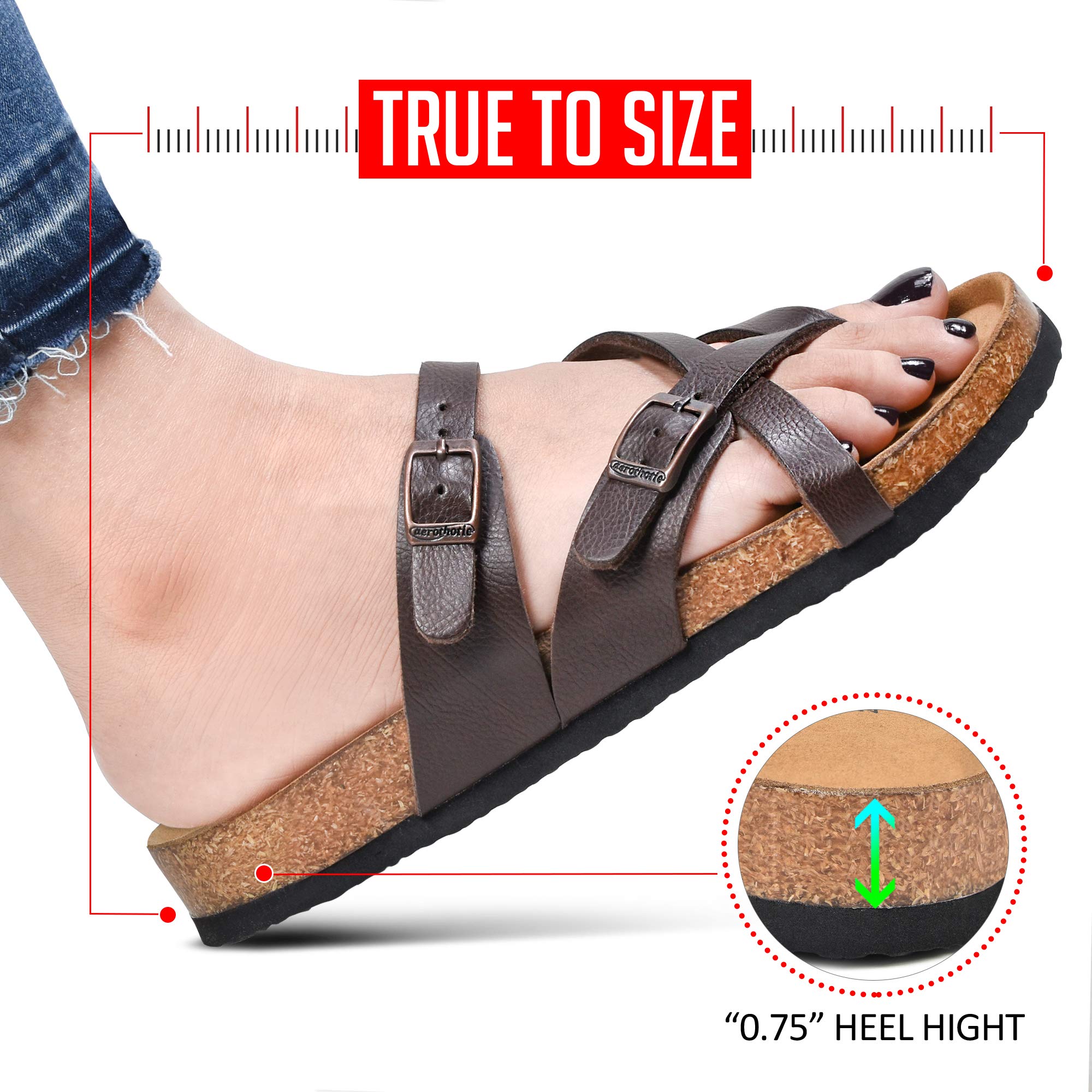 AEROTHIC Women's Strappy Slip-On Sandals with Memory Foam Cushion & Cork Footbed - Adjustable Buckle, Arch Support for All-Day Comfort - Perfect for Beach, Pool, Travel & Casual Wear