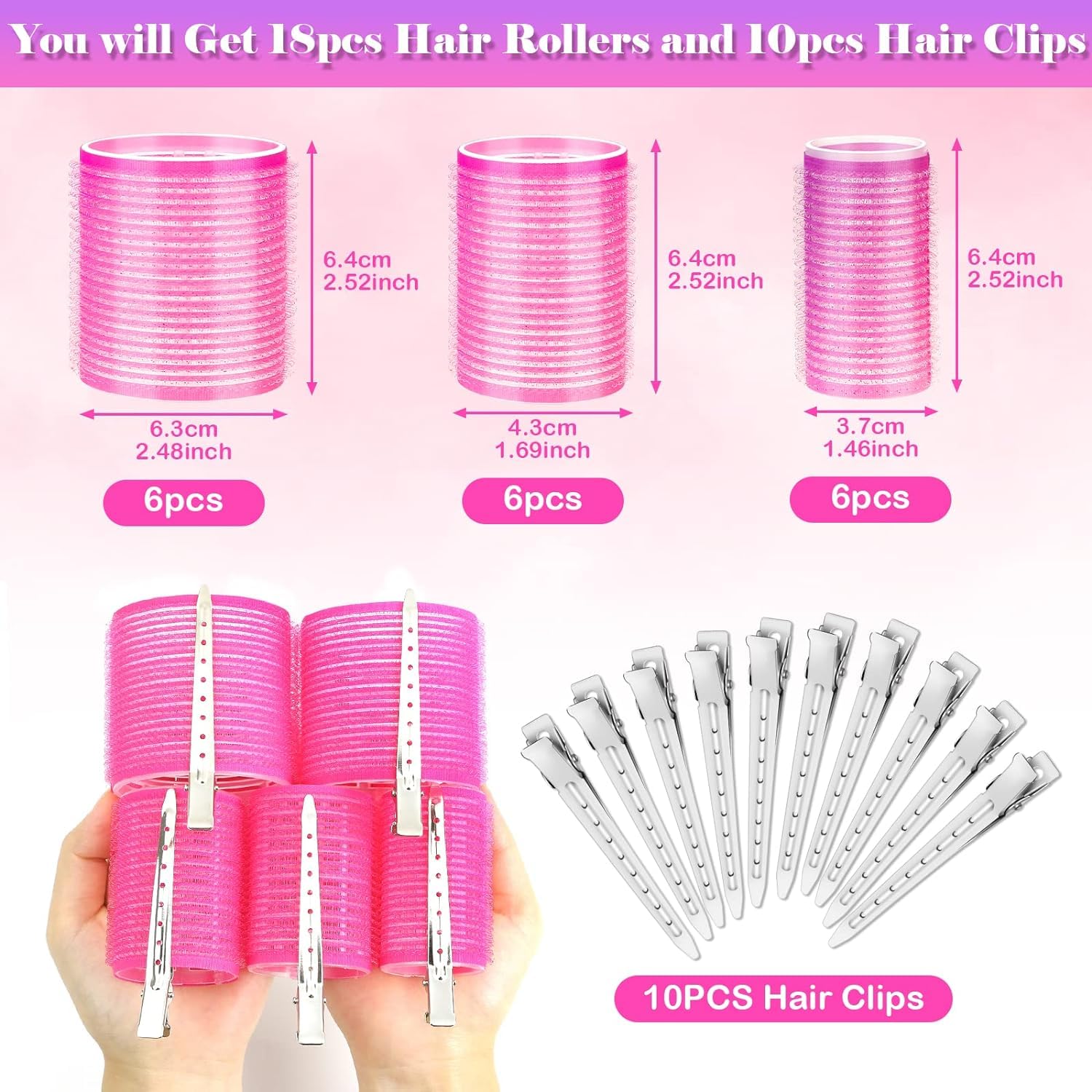Lakshmi 12PCS Self-Grip Hair Rollers Set with 12 Stainless Steel Duckbill Clips - Soft Curls for Long, Medium, Short, Thick, Fine & Thin Hair - Perfect for Salon-Quality Volume, Waves & Bangs at Home or Professional Styling