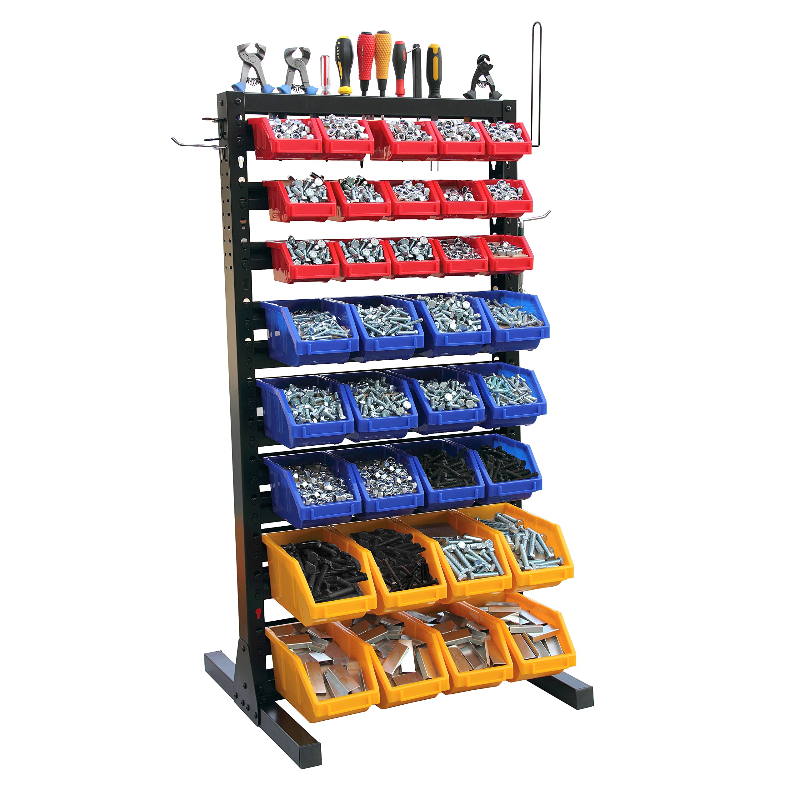 Heavy Duty Steel Hanging Bin Rack Storage System with 35 Plastic Bins - 8-Tier Shelving Unit Organizer for Garage, Closet & Workshop Organization - Perfect for Tools, Toys & Home Storage Solutions
