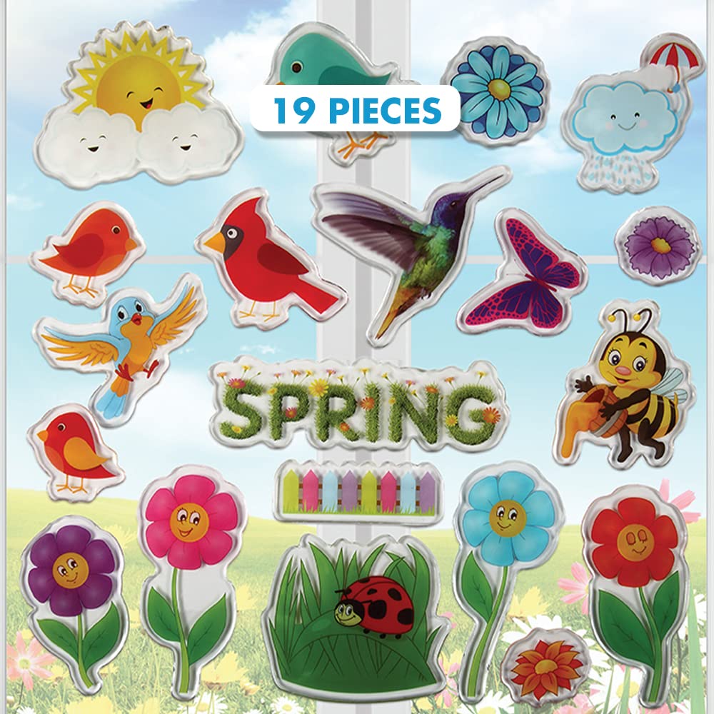 Spring Window Clings for Kids - Flowers, Birds & Bees Gel Clings - Reusable Window Stickers for Home, Car & Classroom Decor | Fun Toddler Activities & Airplane Travel | Jesplay USA