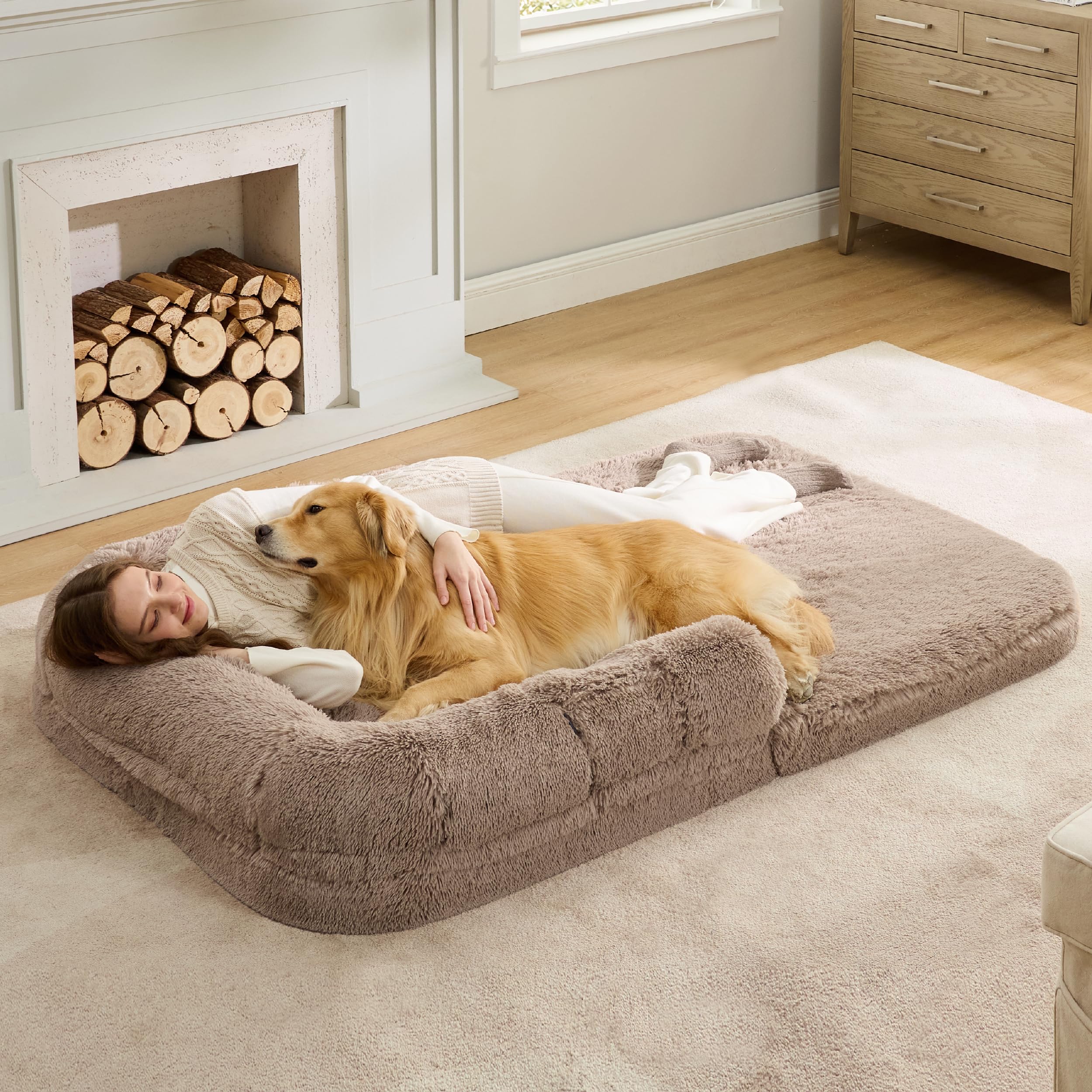 Bedsure 2-in-1 Foldable Orthopedic Dog Bed for Large Dogs & Humans - Extra Large Calming Pet Sofa with Egg Crate Foam Support, Waterproof Liner & Soft Faux Fur Cover - Perfect for Living Room, Bedroom or Travel (Camel)
