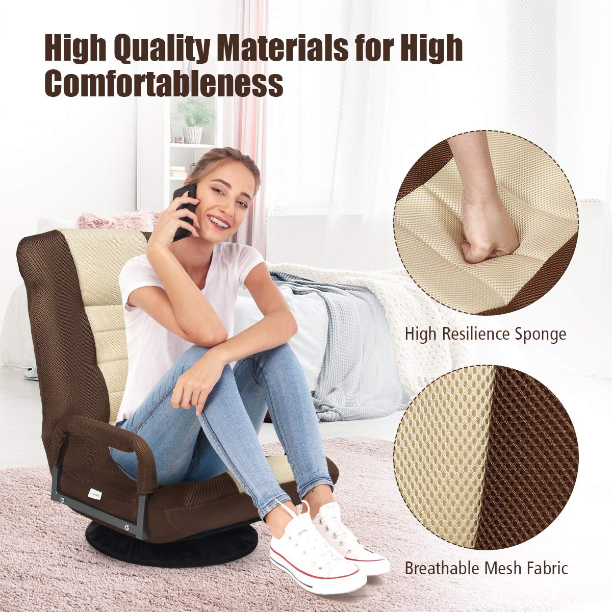 Giantex 360 Degree Swivel Floor Chair - Adjustable Backrest with Lumbar Support & Armrests, Foldable Lazy Sofa Rocker for Living Room, Bedroom, Gaming, TV Watching, Reading - Beige/Brown Home Comfort Chair