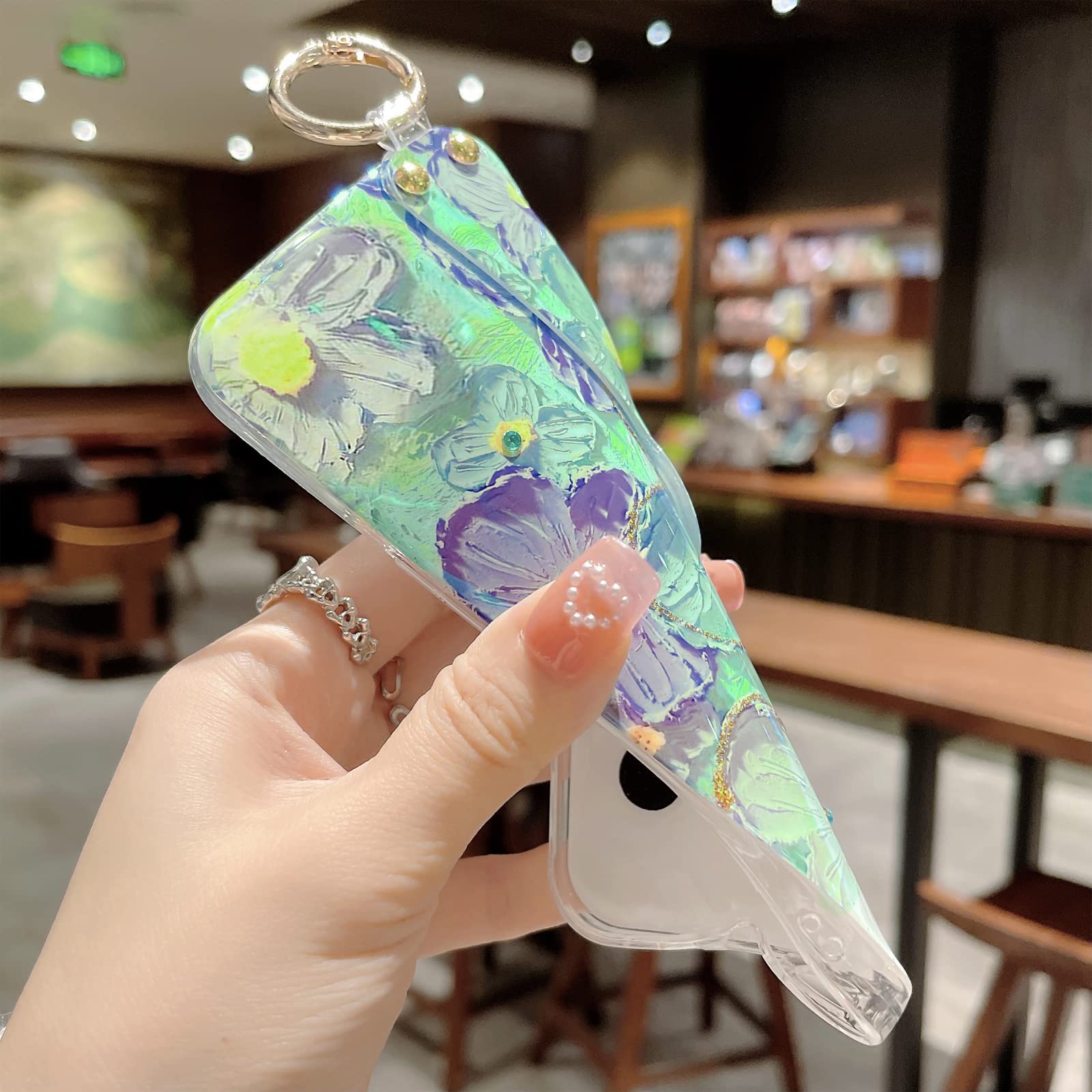 Elegant Bling Flower iPhone 13 Pro Max Case 6.7 Inch - Cute Slim TPU Shockproof Cover with Wrist Strap & Kickstand for Women & Girls | Perfect for Daily Use, Work & Social Events