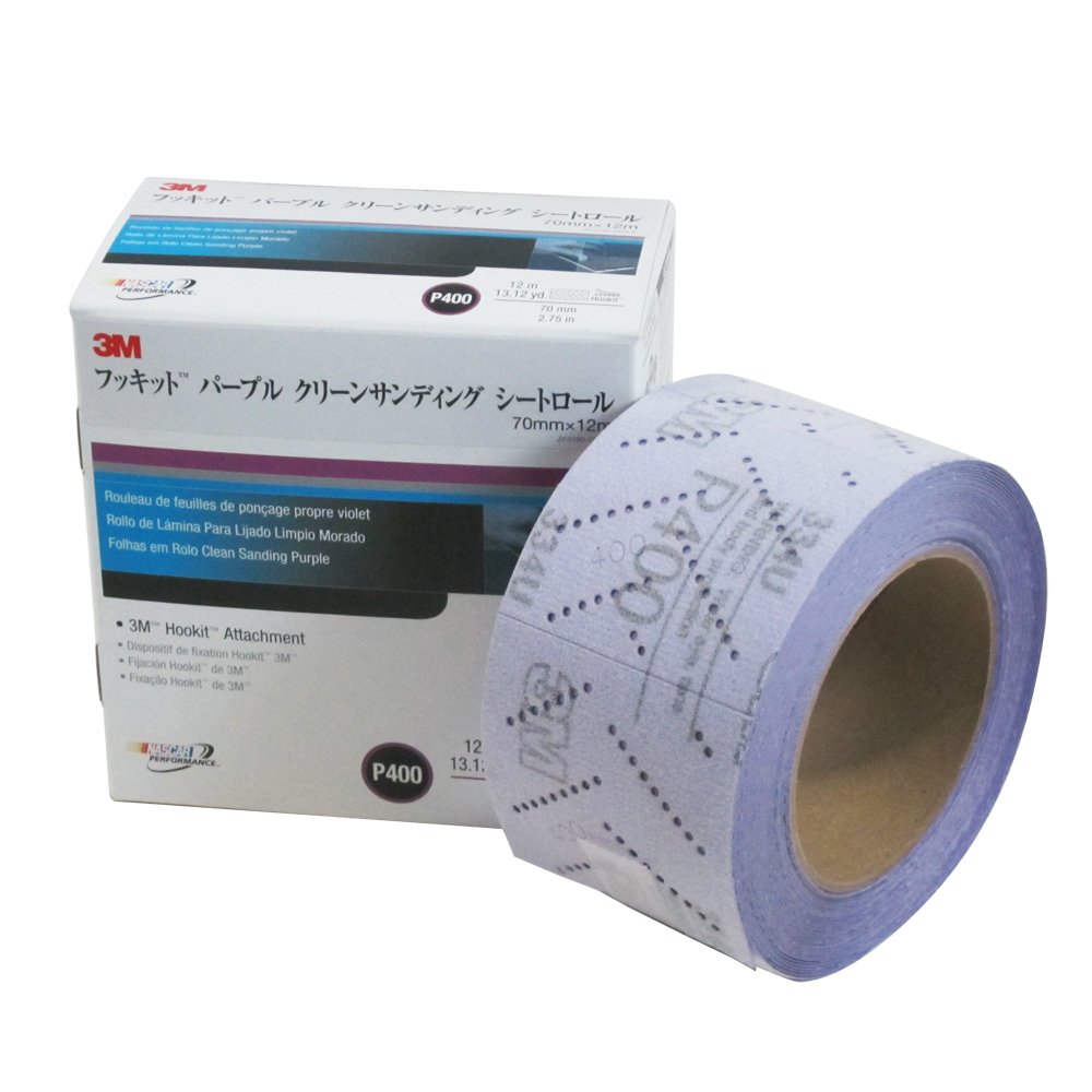 3M 30703 Hookit 334U Purple 70mm x 12m P400 Grit Clean Sanding Sheet Roll - Perfect for Automotive, Woodworking & Metal Surface Finishing