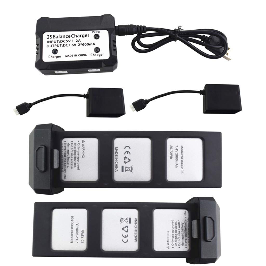 2PCS 7.4V 2800mAh LiPo Battery with 2-in-1 Charger for Holy Stone HS720/HS720E Drone - Replacement Batteries for FPV Quadcopter Accessories - Perfect for Long Flight Time and Outdoor Aerial Photography