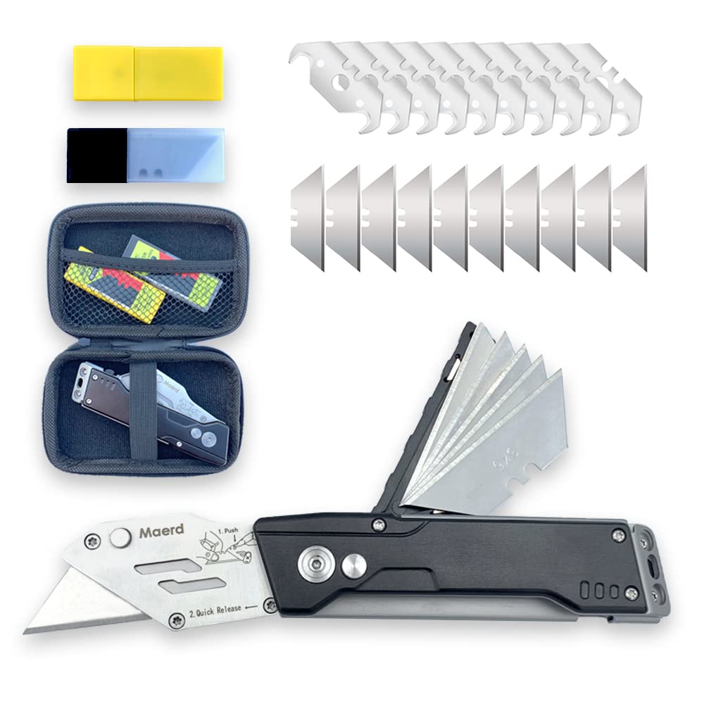 Maerd Heavy Duty Folding Utility Knife - Quick Change Box Cutter with Frame Lock & Blade Storage | Includes 25 Extra Blades | EDC Razor Carpet Work Knife with Belt Clip (Black) | Perfect for Warehouse, Construction, DIY Projects & Outdoor Activities