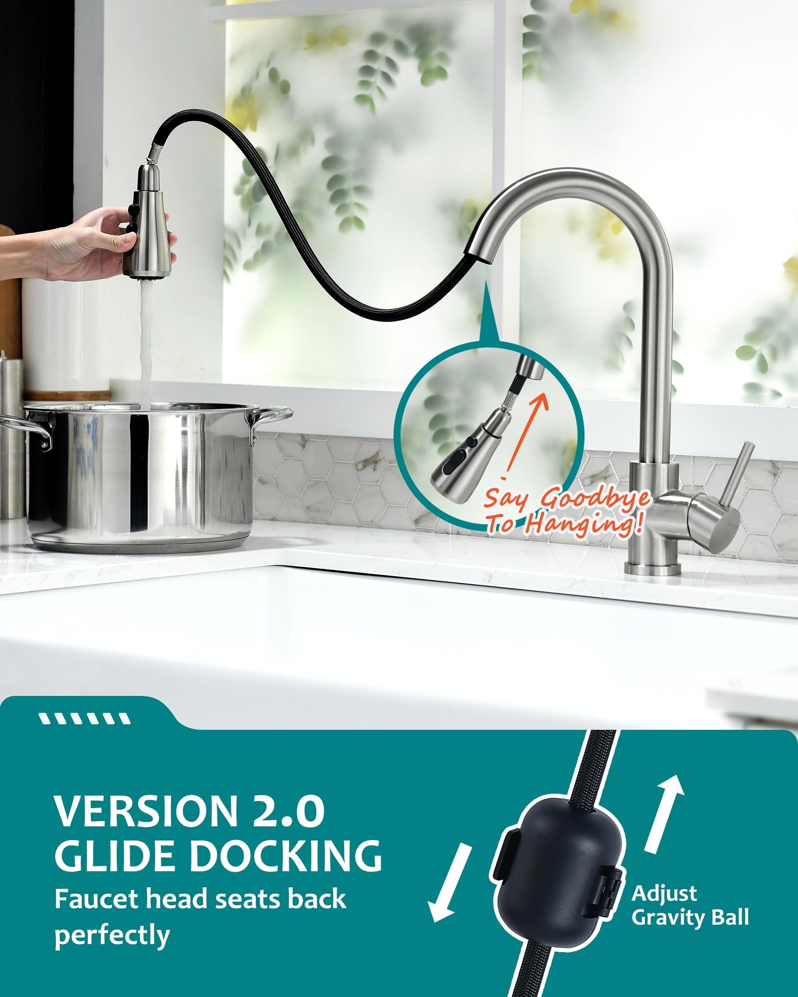 VFAUOSIT Brushed Nickel Kitchen Faucet with Pull Down Sprayer - 14.4 Inch Height, 360° Rotating Spout, Stainless Steel Single Hole Sink Faucet for 1-3 Hole Sinks | Perfect for RV, Farmhouse & Camper Kitchens