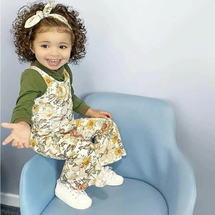 Retro Flared Jumpsuit for Kids - Vintage Style Chamomile Rose Print Romper | Perfect for Birthday Parties, Photo Shoots & Casual Playdates