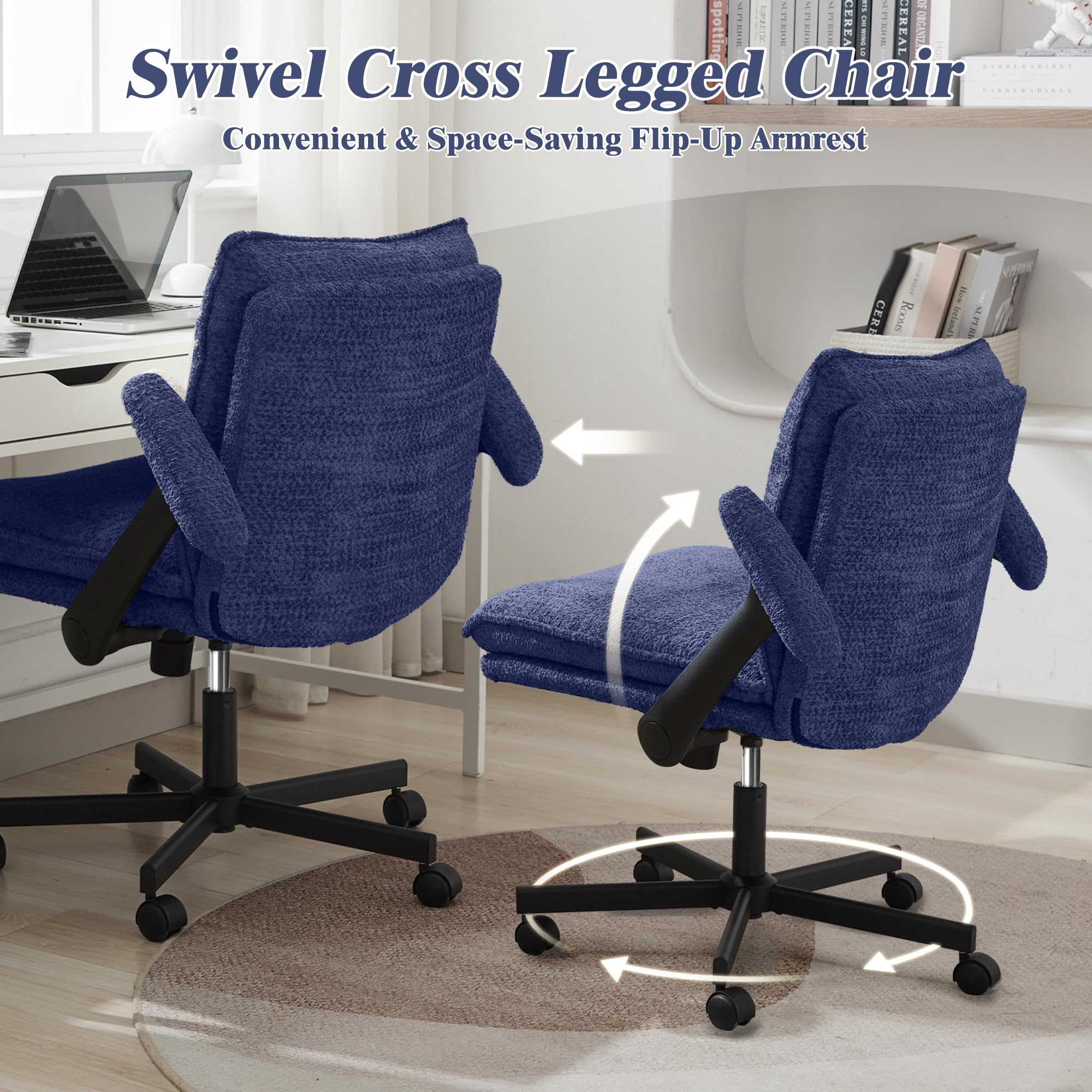 Ergonomic Cross Legged Office Chair with Wheels - Adjustable Flip-Up Armrests & Wide Seat - Navy Blue Upholstered Desk Chair for Home Office, Vanity, Apartment - Perfect for Meditation, Reading & Computer Work