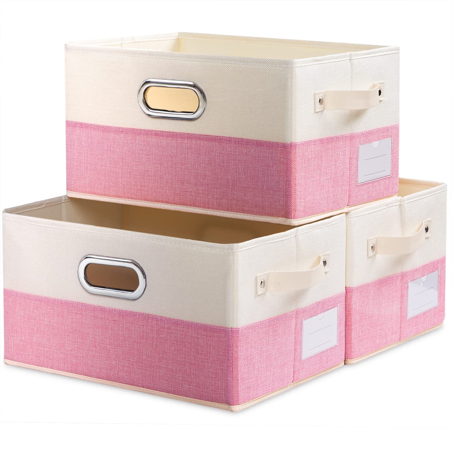 PRANDOM Large Collapsible Storage Baskets [3-Pack] - Decorative Fabric Storage Bins with Leather/Metal Handles for Closet, Shelves, Bedroom & Living Room (14.9x9.8x8.3 Inch) - Pink & Cream Organizers for Home, Office & Nursery Storage Solutions