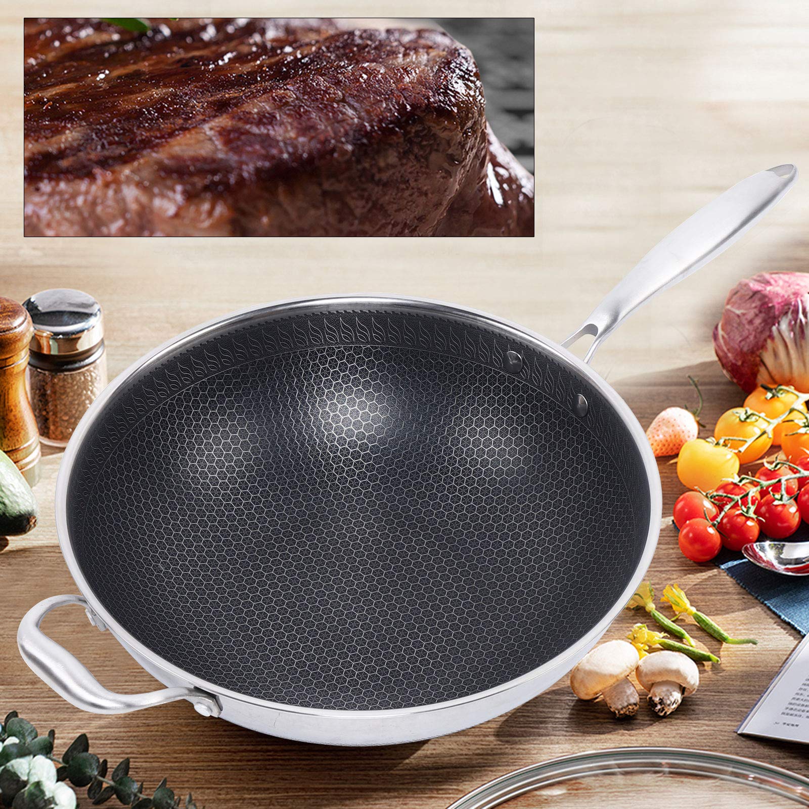 Double Sided Non-Stick Honeycomb Wok - Stainless Steel Frying Pan with Glass Lid - Compatible with Gas & Induction Stoves - Perfect for Stir-Fry, Deep Frying & Asian Cooking