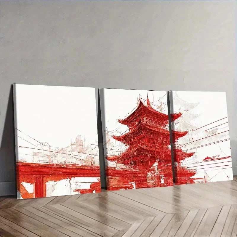 3-Piece Chinese Style Pagoda Wall Art Set - Framed Canvas Prints 50x70cm - High Quality Asian Home Decor - Ready to Hang Wall Decor for Living Room, Bedroom & Office