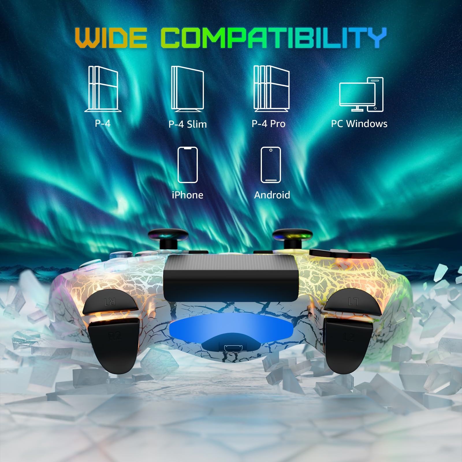 Wireless PS4 Controller for PlayStation 4/Pro/Slim - Adjustable RGB Lighting, 1000mAh Battery, 6-Axis Motion Sensor, Dual Shock Vibration & 3.5mm Audio Jack (White) - Perfect for Gaming, Streaming & Long Play Sessions