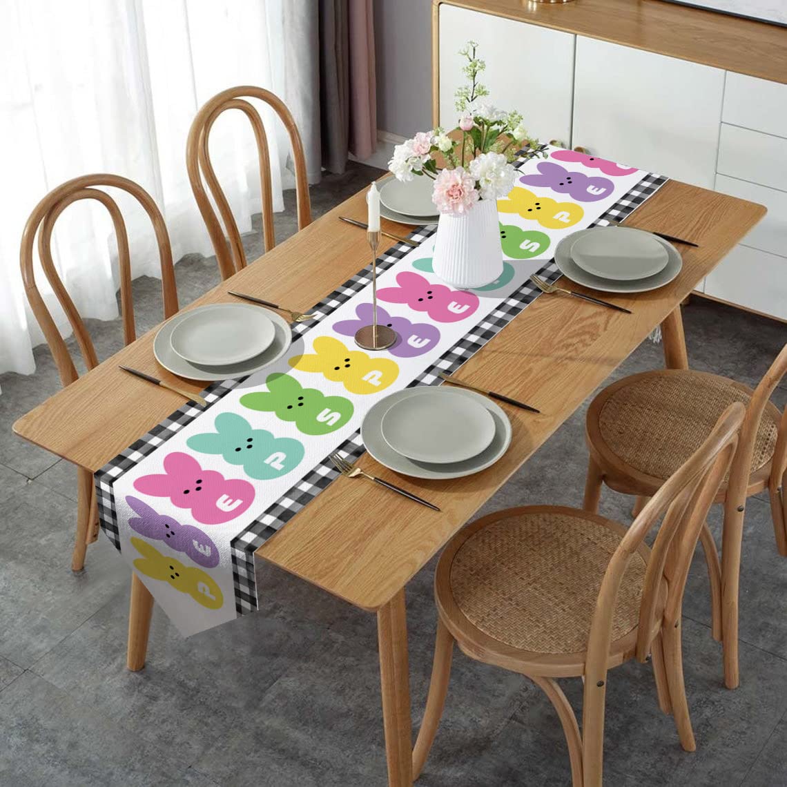 Easter Table Runner - 16x72 Inch Black Buffalo Plaid Decorative Table Scarf for Spring Dinner, Kitchen & Dining Room Decor | Bunny & Peeps Design | Perfect for Easter Party, Holiday Gatherings & Home Decor