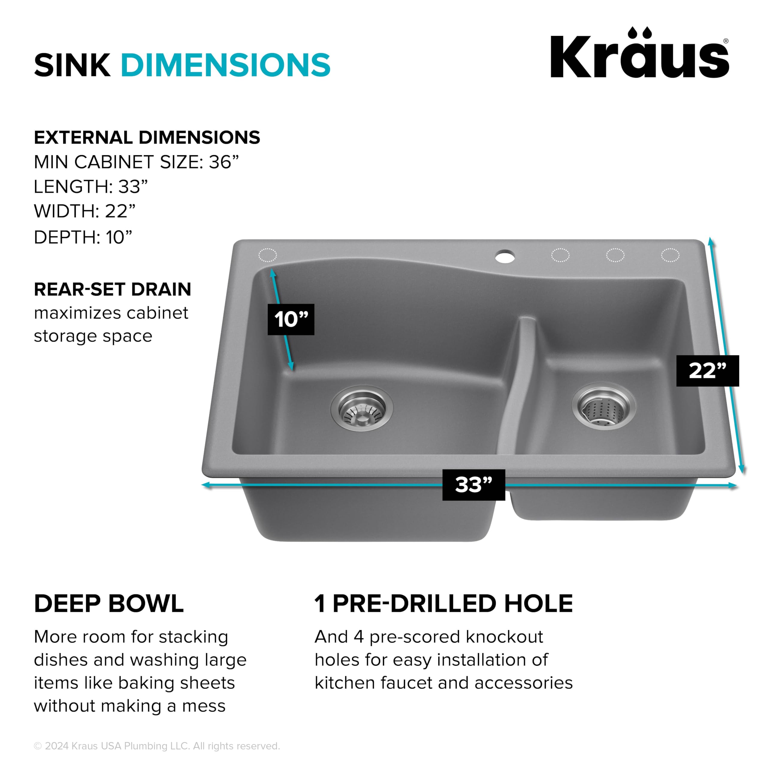 KRAUS Quarza 33-inch Drop-In/Undermount 60/40 Double Bowl Granite Composite Kitchen Sink in Gray - Durable & Stylish for Modern Kitchens, Perfect for Meal Prep and Cleanup (Model KGD-442GREY)