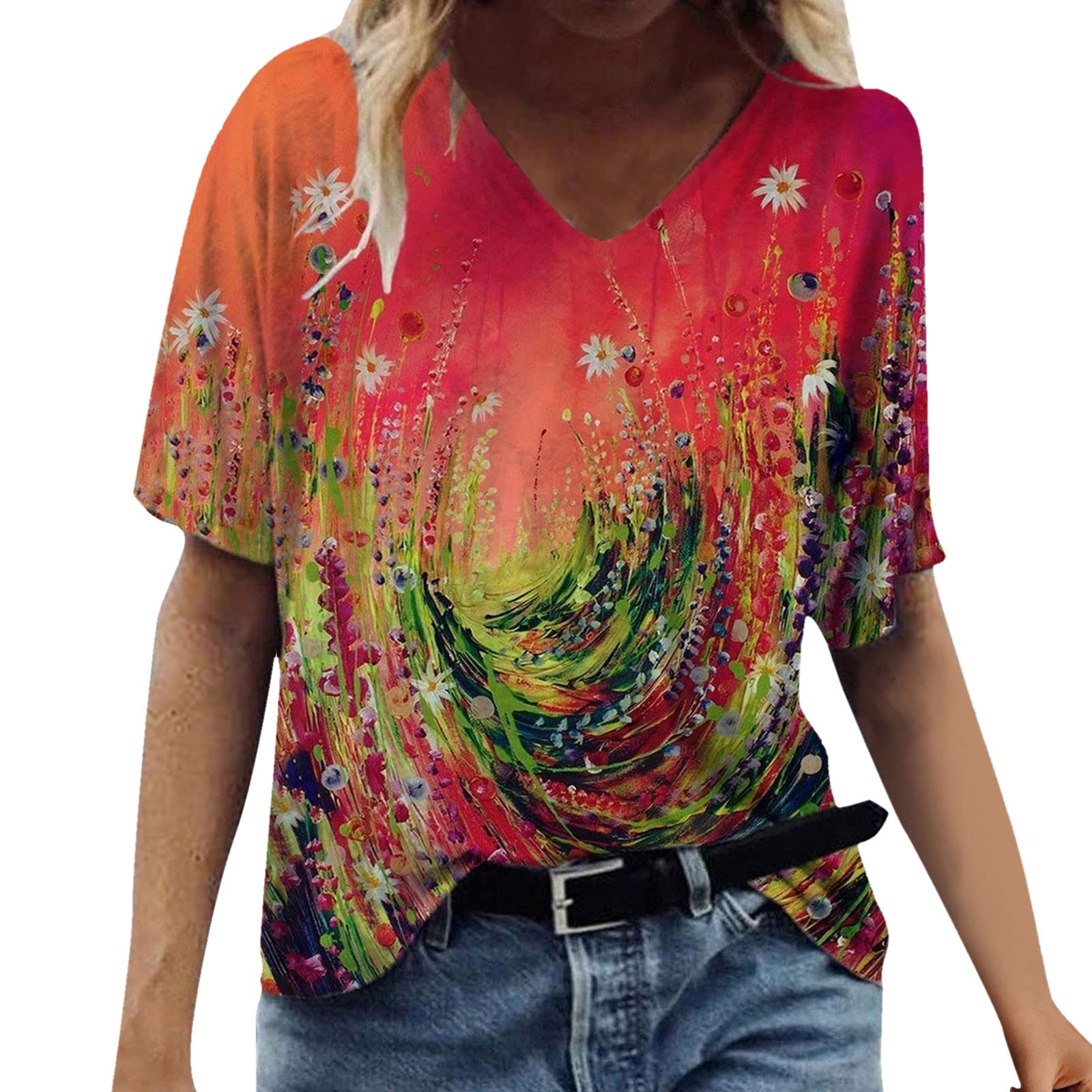 Women's Summer V-Neck Short Sleeve T-Shirt - Cute Printed Casual Blouse, Loose Fit Comfortable Top for Everyday Wear, Beach Outings & Weekend Hangouts