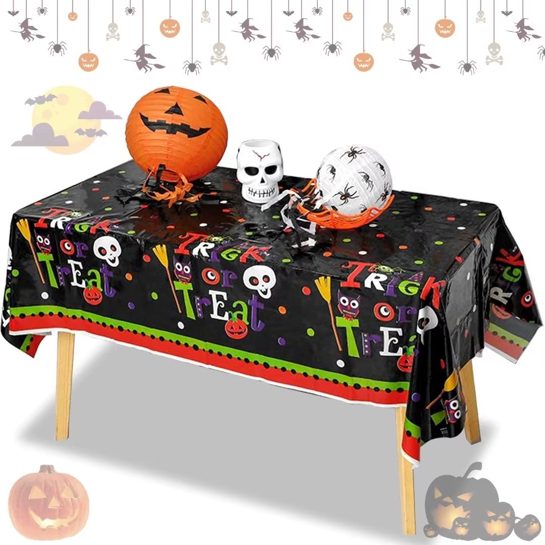 Halloween Tablecloth - Black Spooky Pumpkin Skeleton Design for Rectangle Tables | Trick or Treat Party Decor | Waterproof & Reusable Halloween Table Cover for Dining, Buffet & Party Decorations