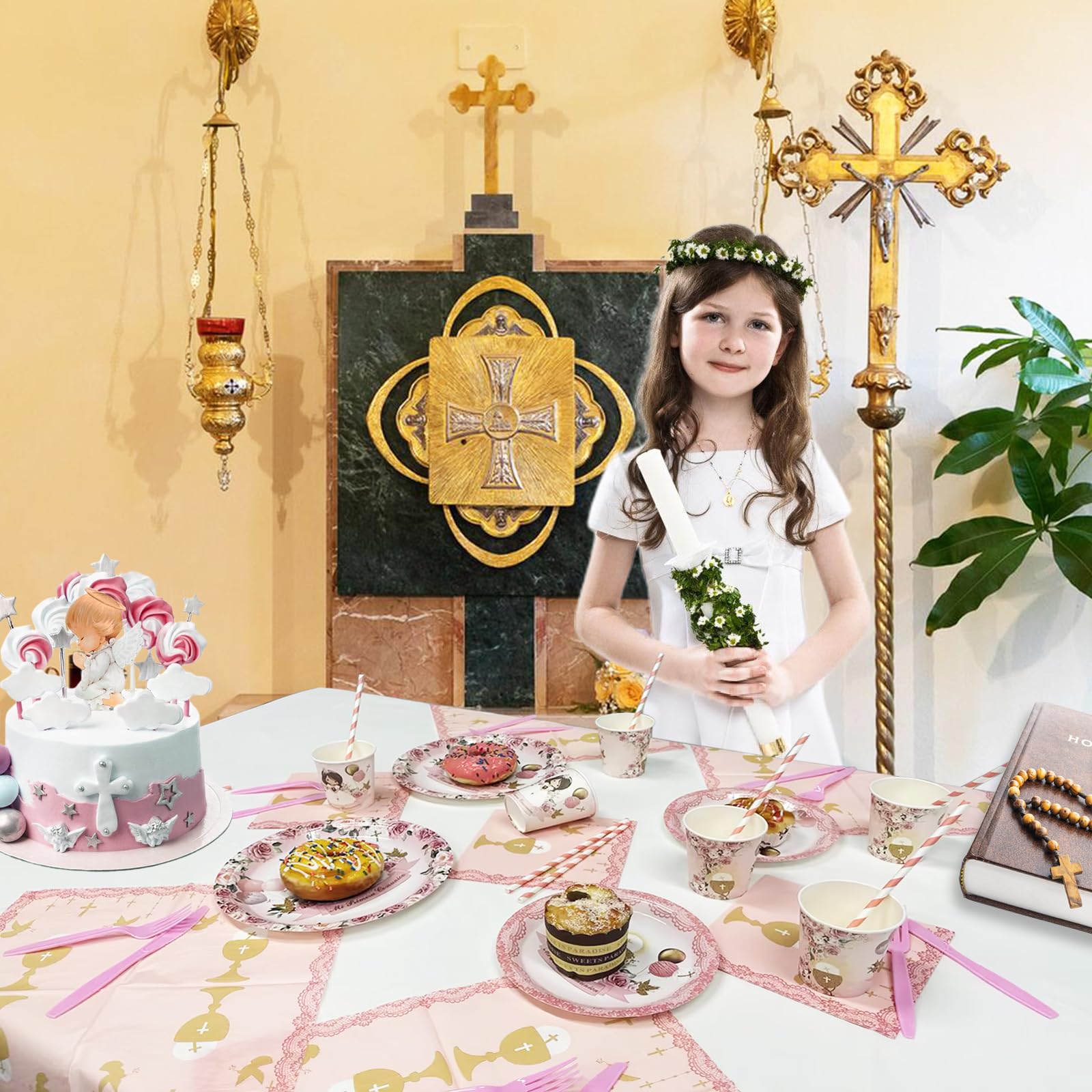 112 Pcs Pink Baptism Plates & Napkins Set - First Communion Party Supplies for Girls, Christening Tableware, Confirmation Decor - Perfect for Mi Primera Comunion, Mi Bautizo Celebrations - Ideal for Church Events, Baby Showers & Religious Ceremonies