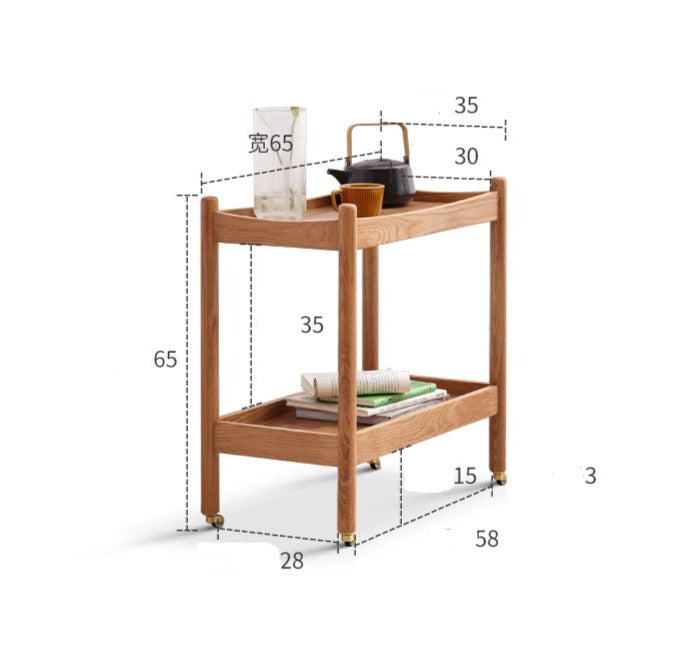 Solid Oak Wood Rolling Cart - Mobile Side Table with Wheels for Living Room, Bedroom, or Office Use