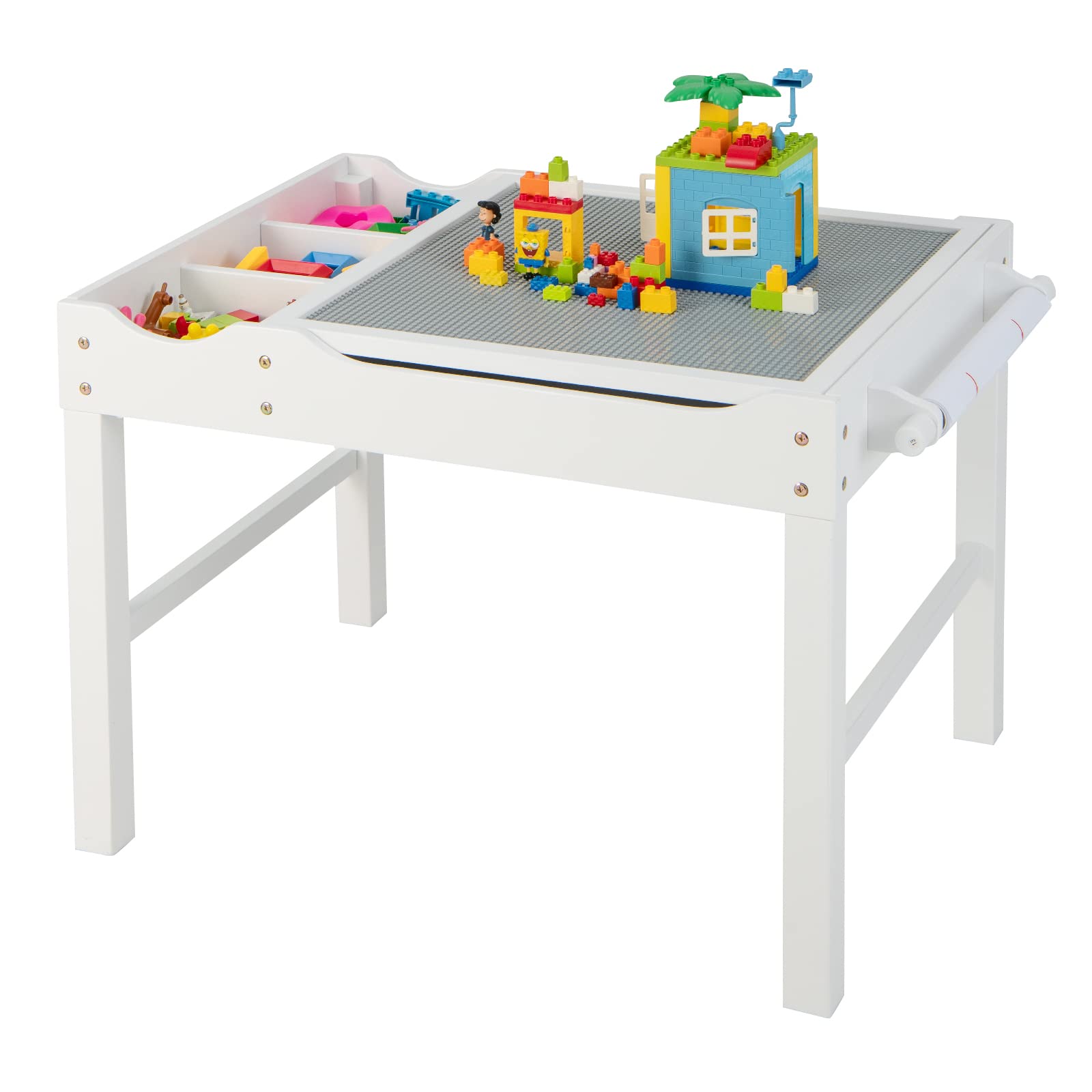 Costzon Kids Activity Table - 3-in-1 Wooden Building Block Desk with Storage, Paper Roll & Reversible Top for Toddlers | Arts & Crafts, Drawing, Reading & Play | Perfect Gift for Boys & Girls (White) - Ideal for Preschool Learning, Creative Play & Home Classroom Activities