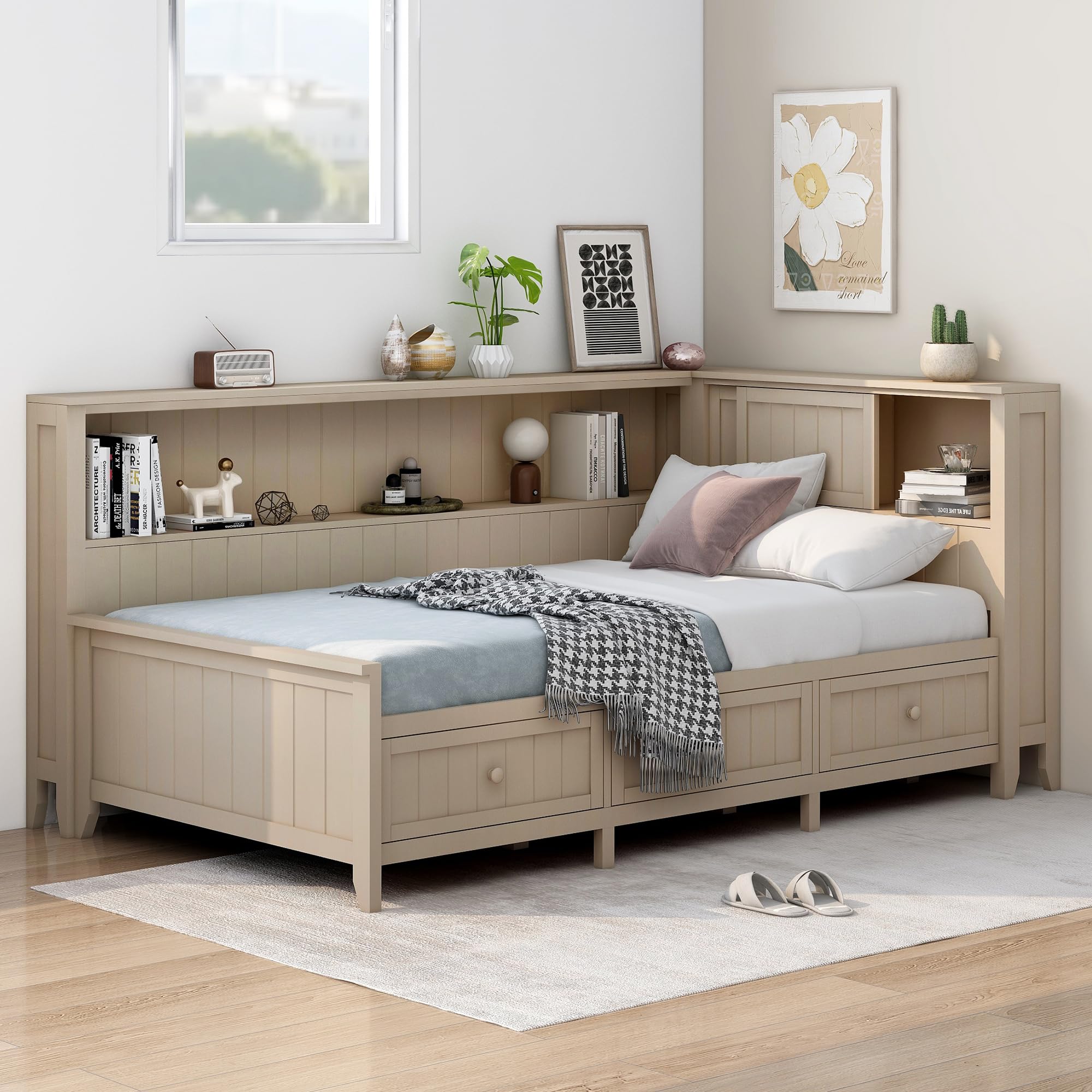 HABITRIO Twin Size Daybed Frame with Storage Shelves & 3 Drawers - Solid Wood Platform Bed with Antique White Finish - Perfect for Guest Rooms, Kids' Bedrooms & Small Spaces