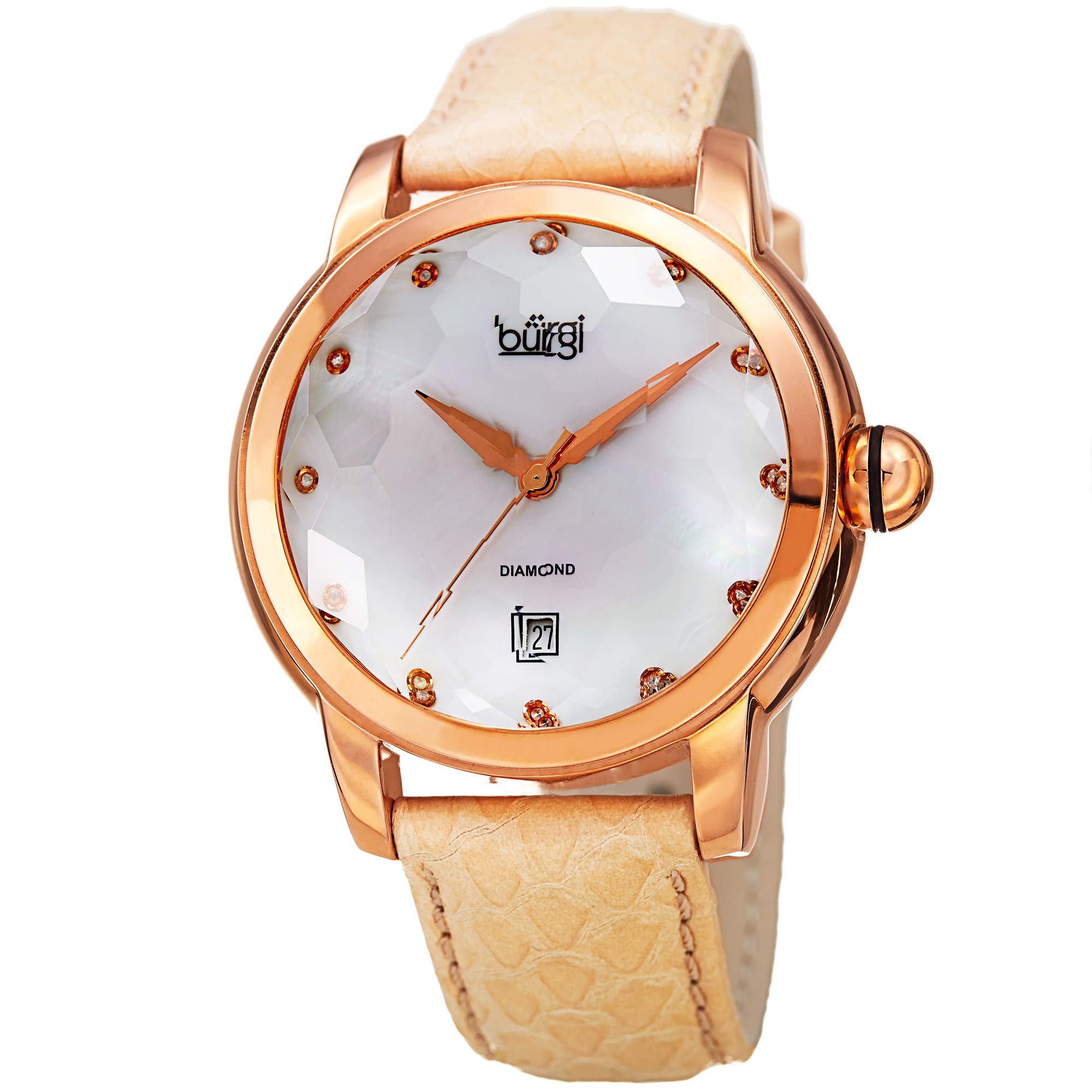 Burgi Women's Swiss Quartz Diamond Watch - Mother of Pearl Dial with 12 Genuine Diamonds, Snake Skin Leather Strap - Luxury Gift for Her - Perfect for Business, Parties & Special Occasions